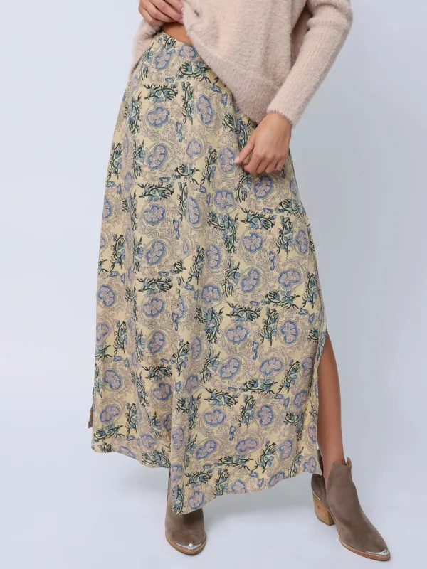Ginger Side-Slit Maxi Skirt - Cream India Vines sold by NATURAL LIFE