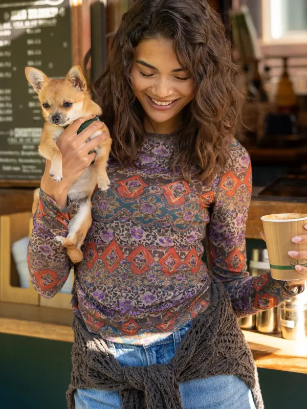 Sloane Mesh Long Sleeve Top - Brown Tuscany Border sold by NATURAL LIFE