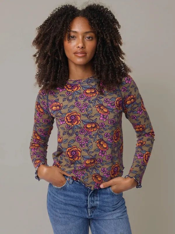 Lily Cotton Long Sleeve Tee Shirt - Woodcut Floral Bronze sold by NATURAL LIFE