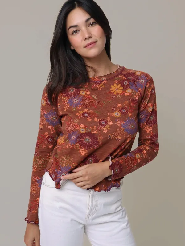 Lily Cotton Long Sleeve Tee Shirt - Aster Clusters Brown sold by NATURAL LIFE