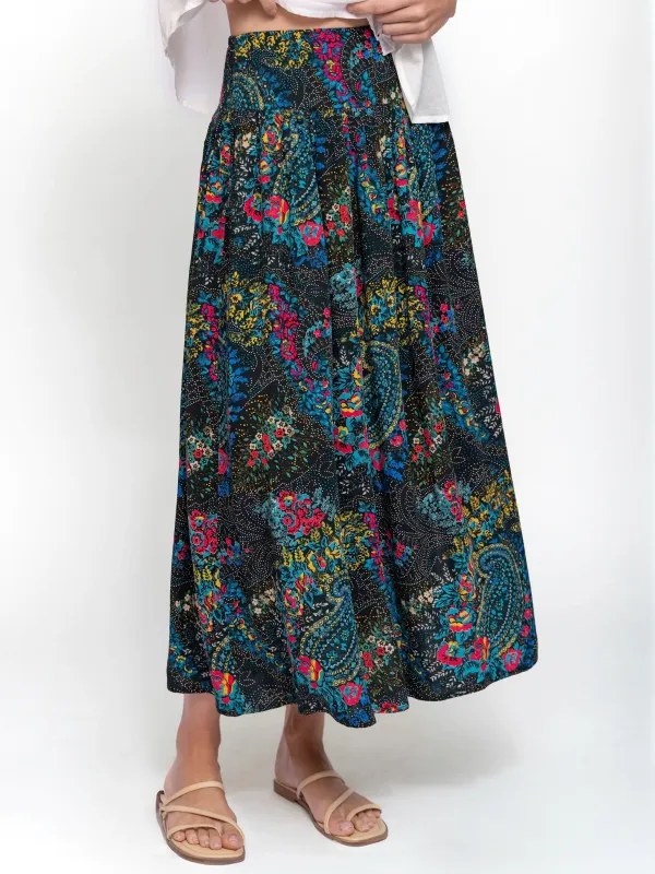 Addie Midi Skirt - Black Stippled Paisley sold by NATURAL LIFE