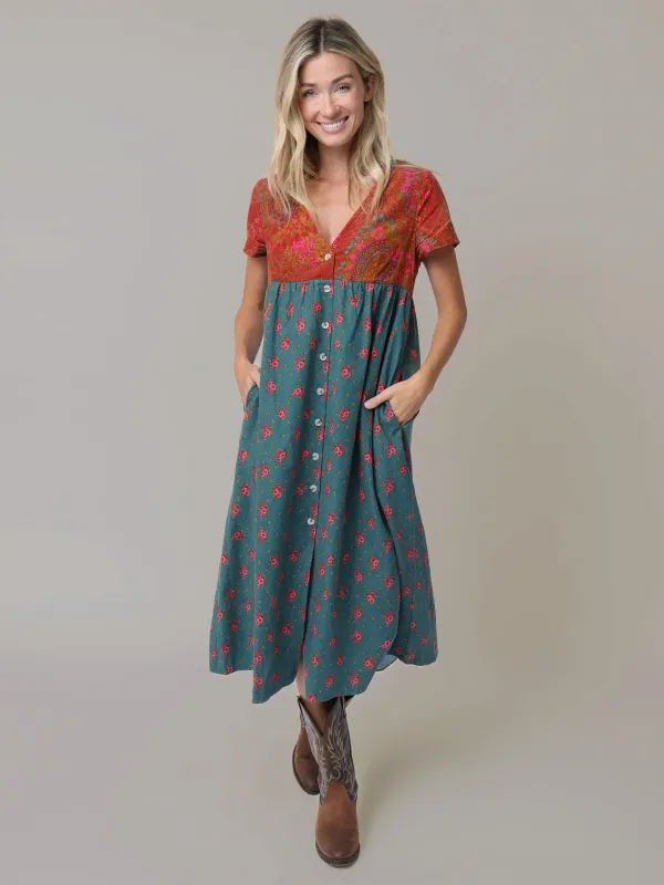 Avery Corduroy Midi Dress - Prairie Ditsy Teal sold by NATURAL LIFE