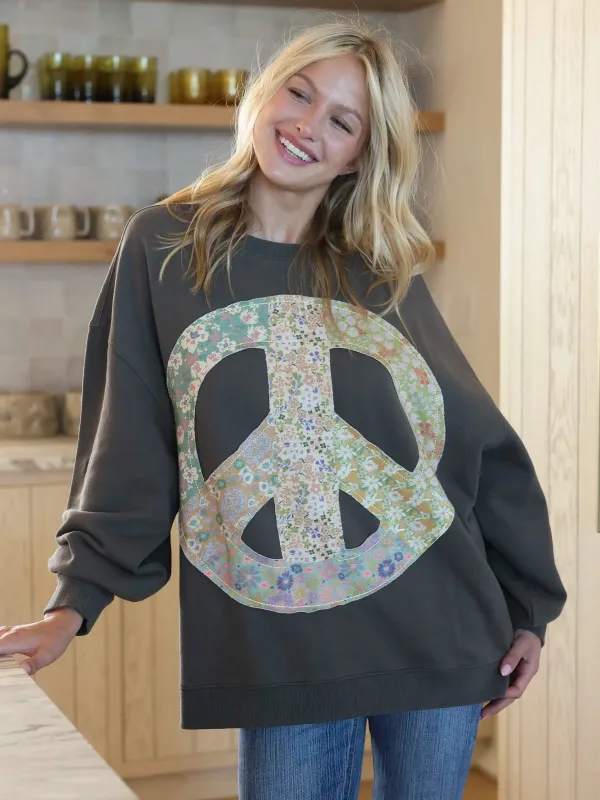 Applique Crewneck Sweatshirt - Charcoal Floral Peace Sign sold by NATURAL LIFE