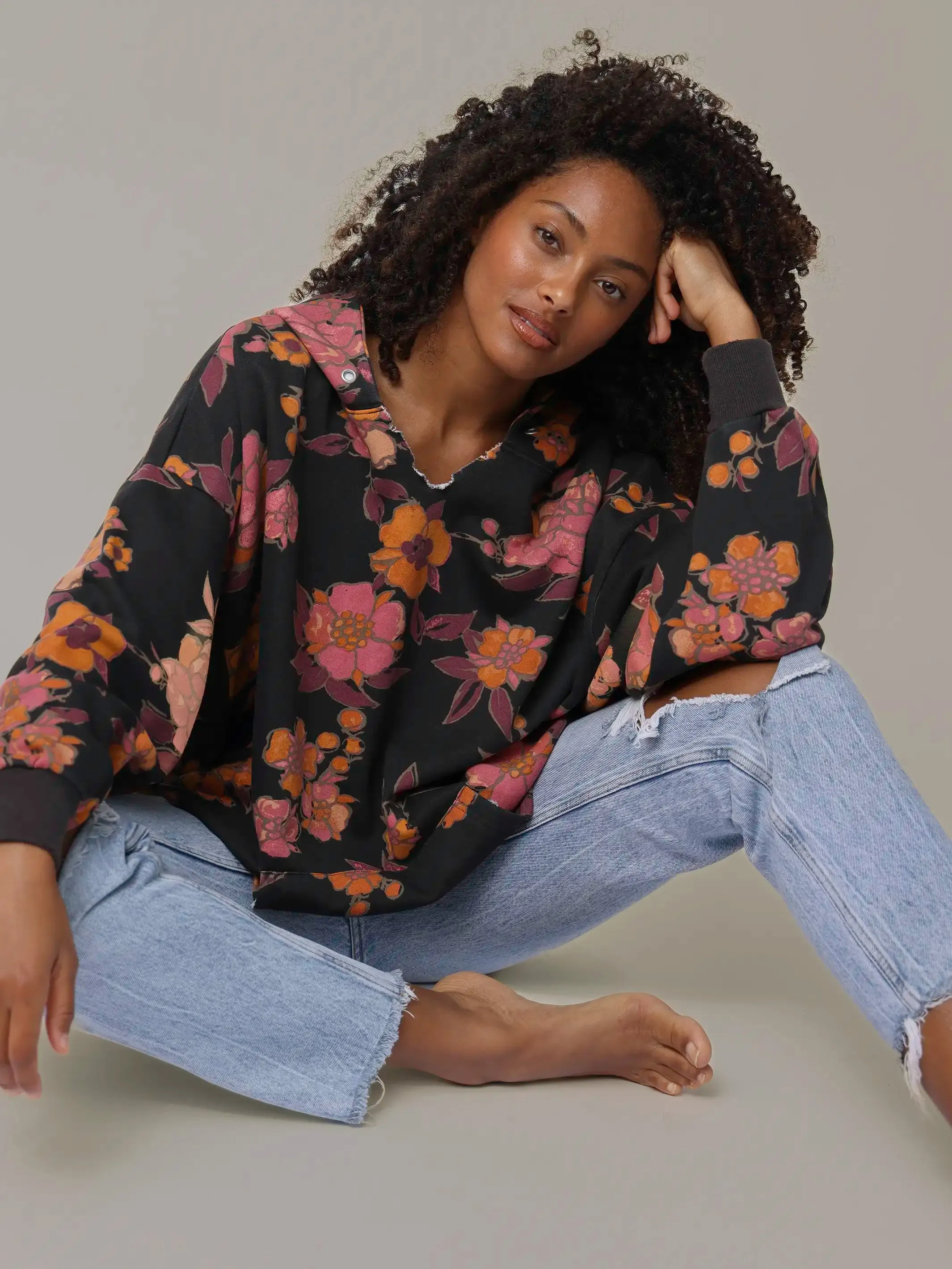 Oversized Printed Hoodie - Black Riviera Blossoms sold by NATURAL LIFE product image thumbnail 3