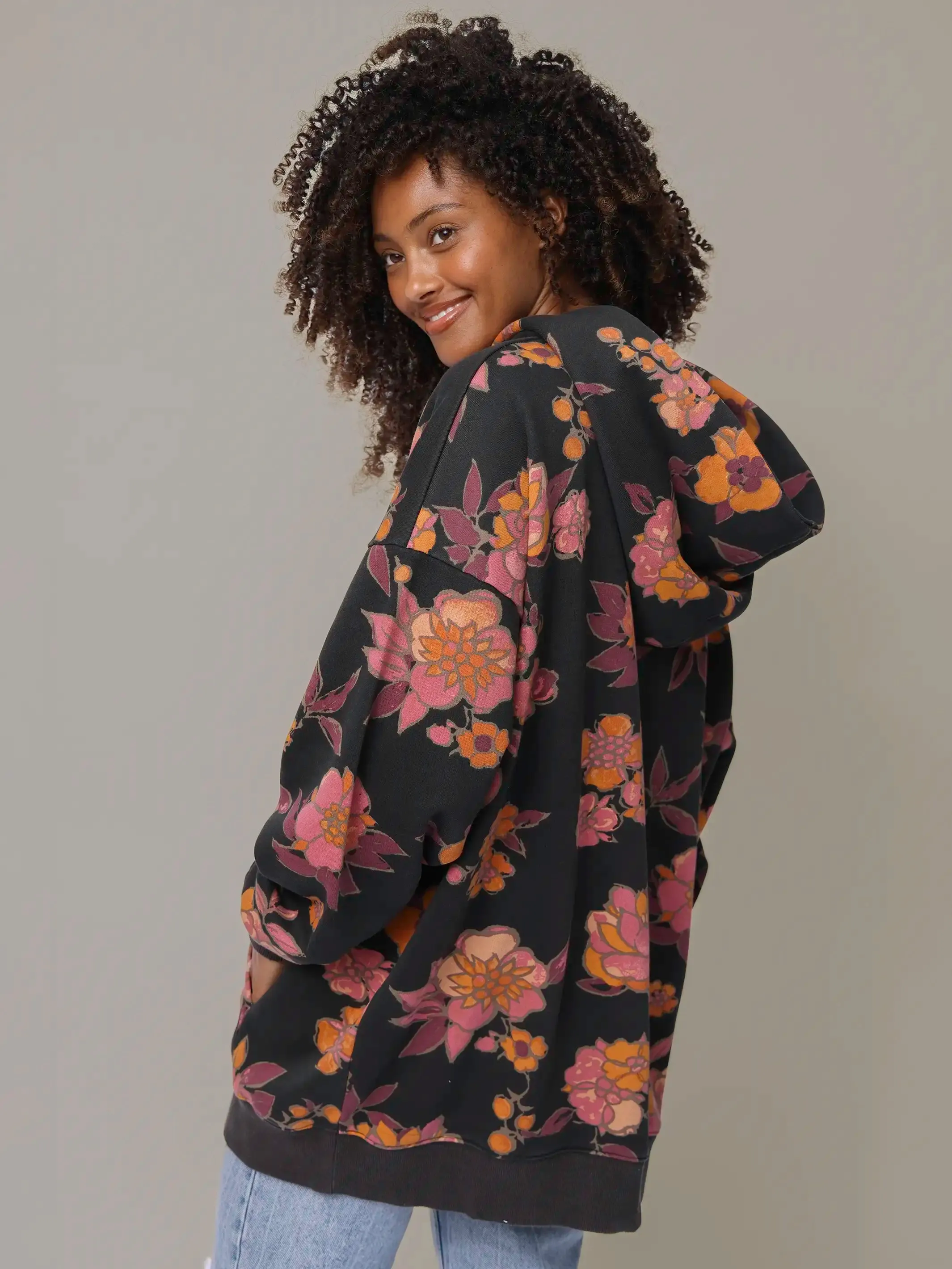 Oversized Printed Hoodie - Black Riviera Blossoms sold by NATURAL LIFE