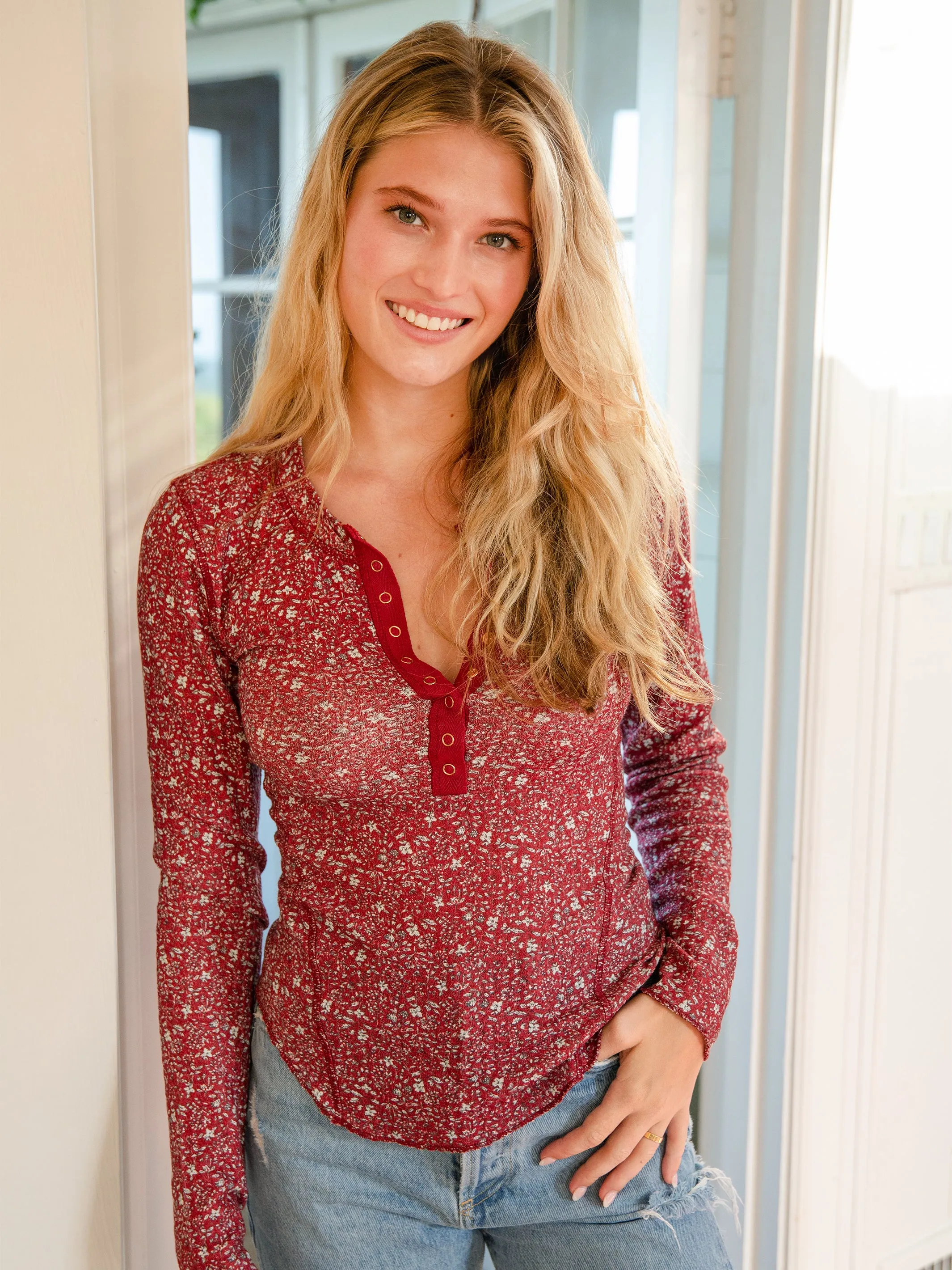 Reagan Thermal Henley - Red Floral sold by NATURAL LIFE