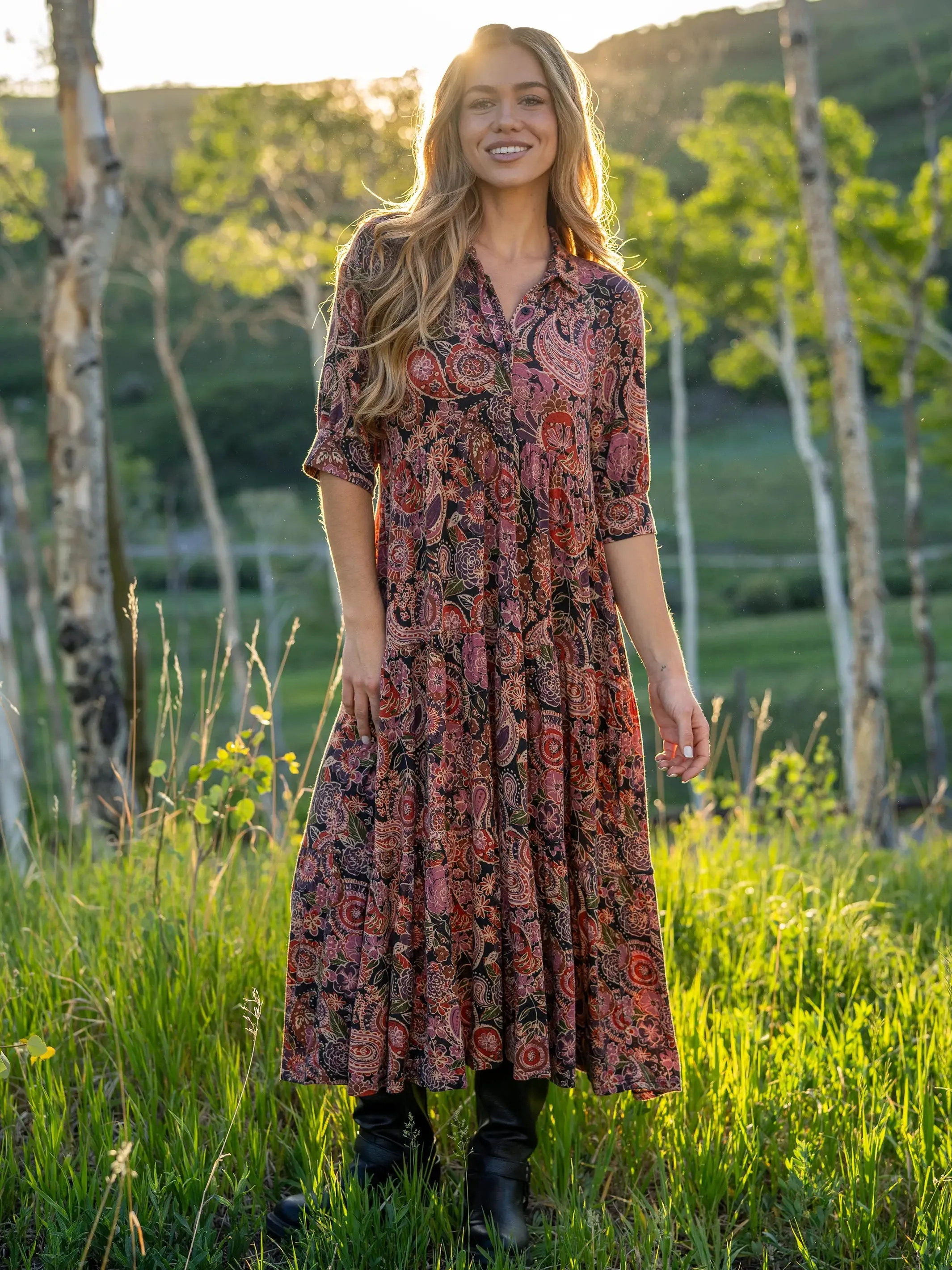 Rebecca "ButterSoft" Midi Dress - Black Sketched Paisley sold by NATURAL LIFE