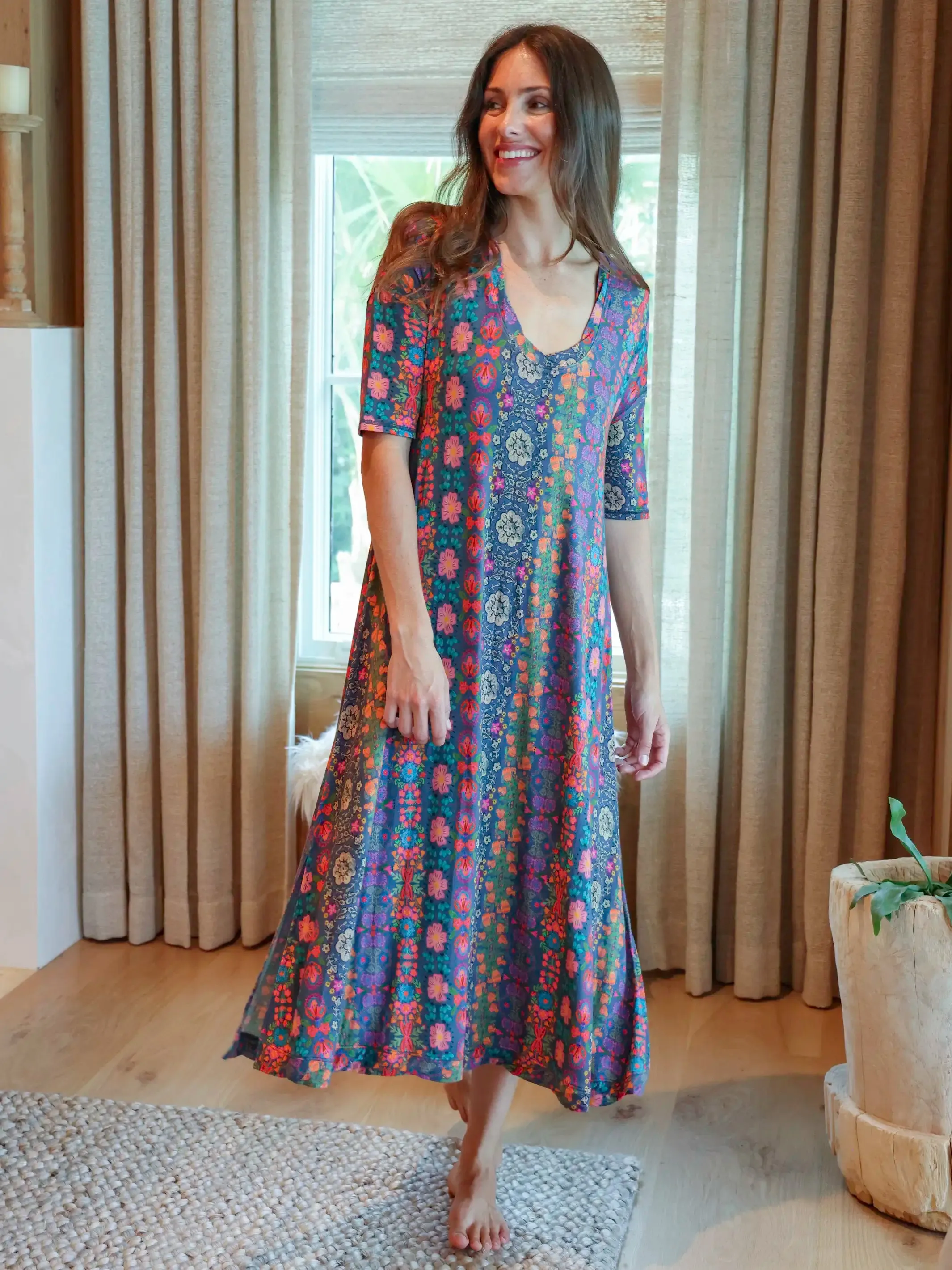 All Day "ButterSoft" Tee Dress - Navy Floral Stripes sold by NATURAL LIFE