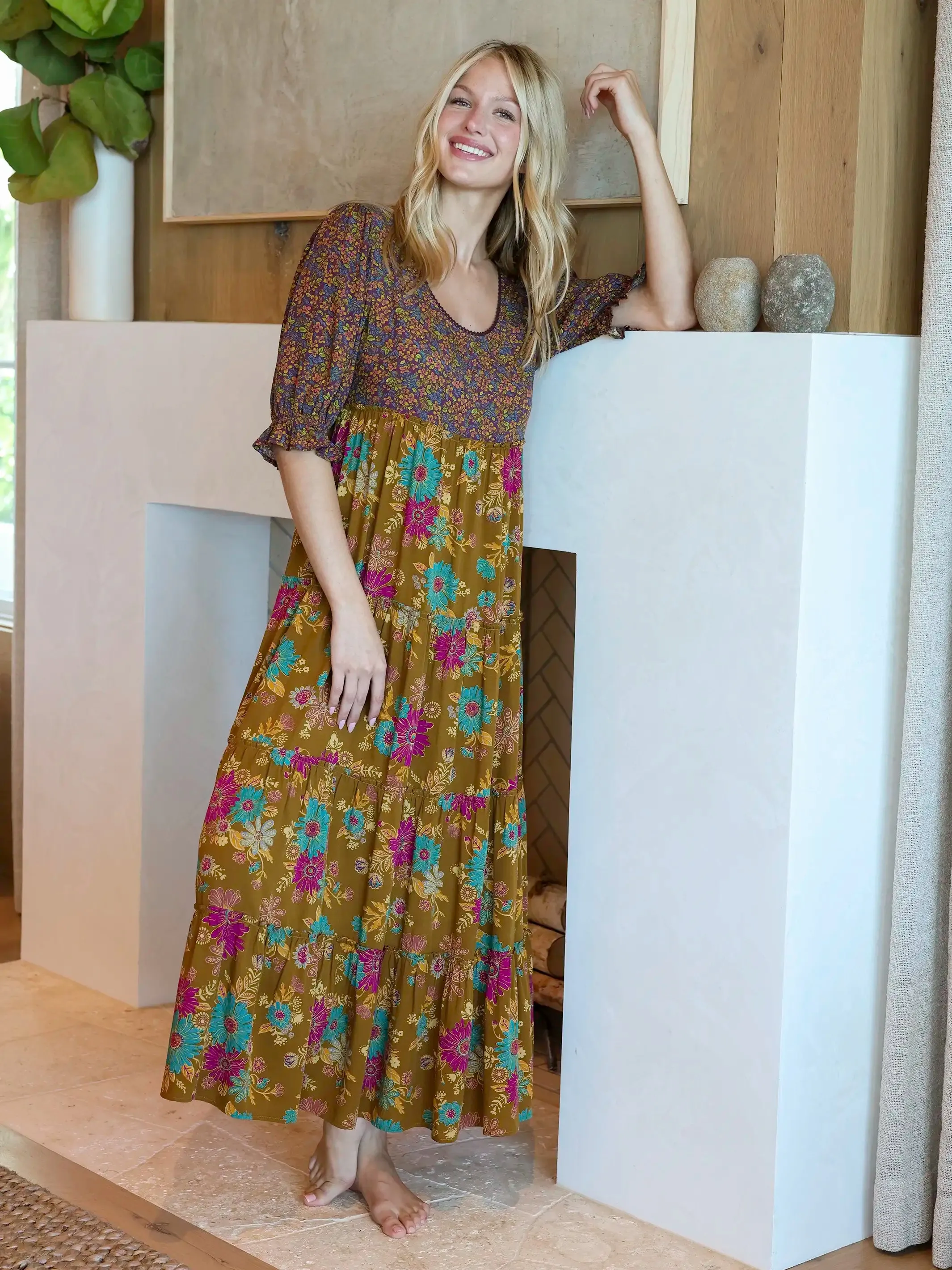 Collette Tiered Maxi Dress - Aster Clusters Gold sold by NATURAL LIFE