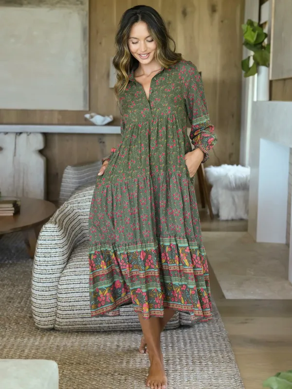 Rebecca Long Sleeve Midi Dress - Filigree Border Olive sold by NATURAL LIFE