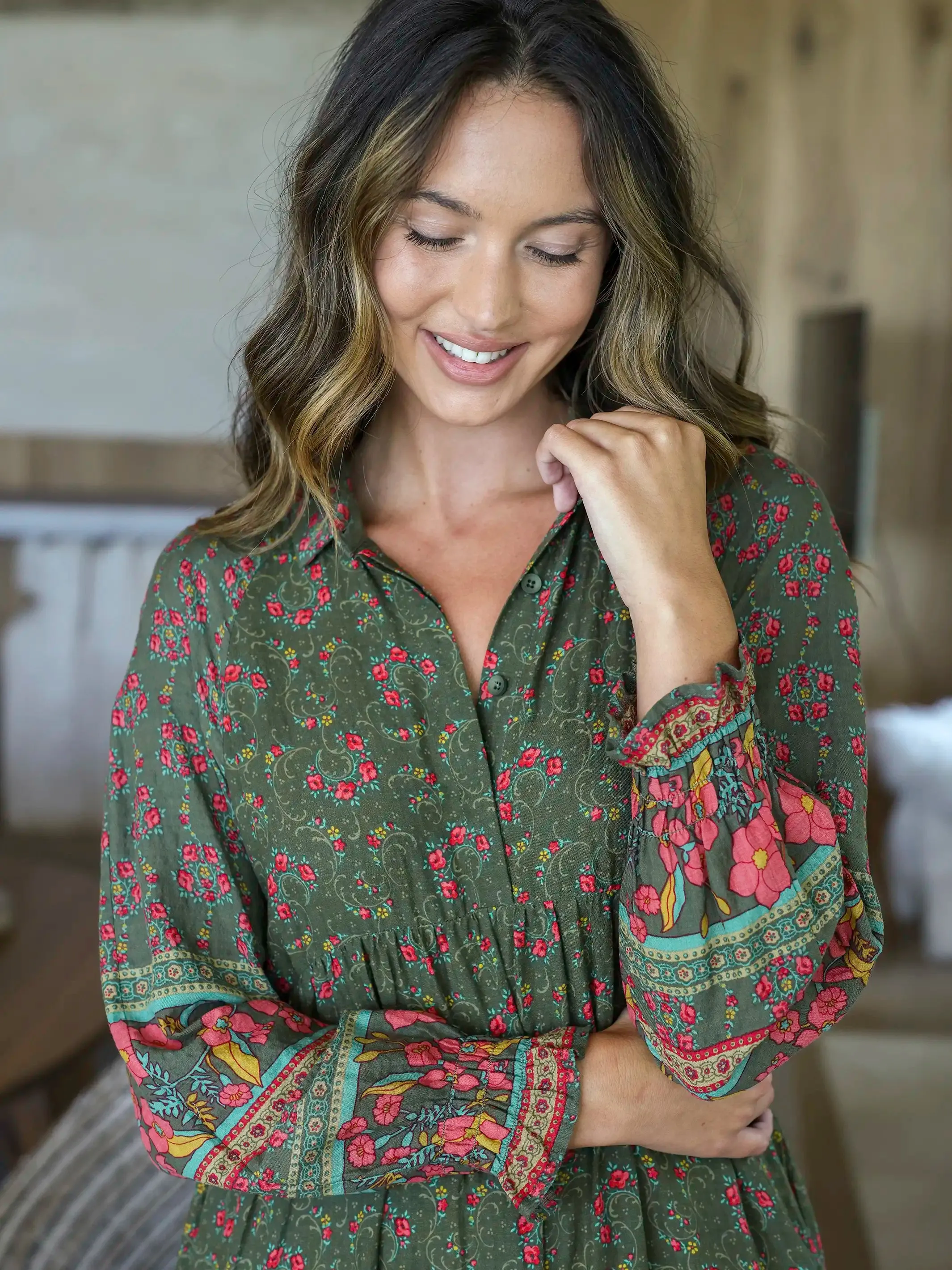 Rebecca Long Sleeve Midi Dress - Filigree Border Olive sold by NATURAL LIFE product image thumbnail 2