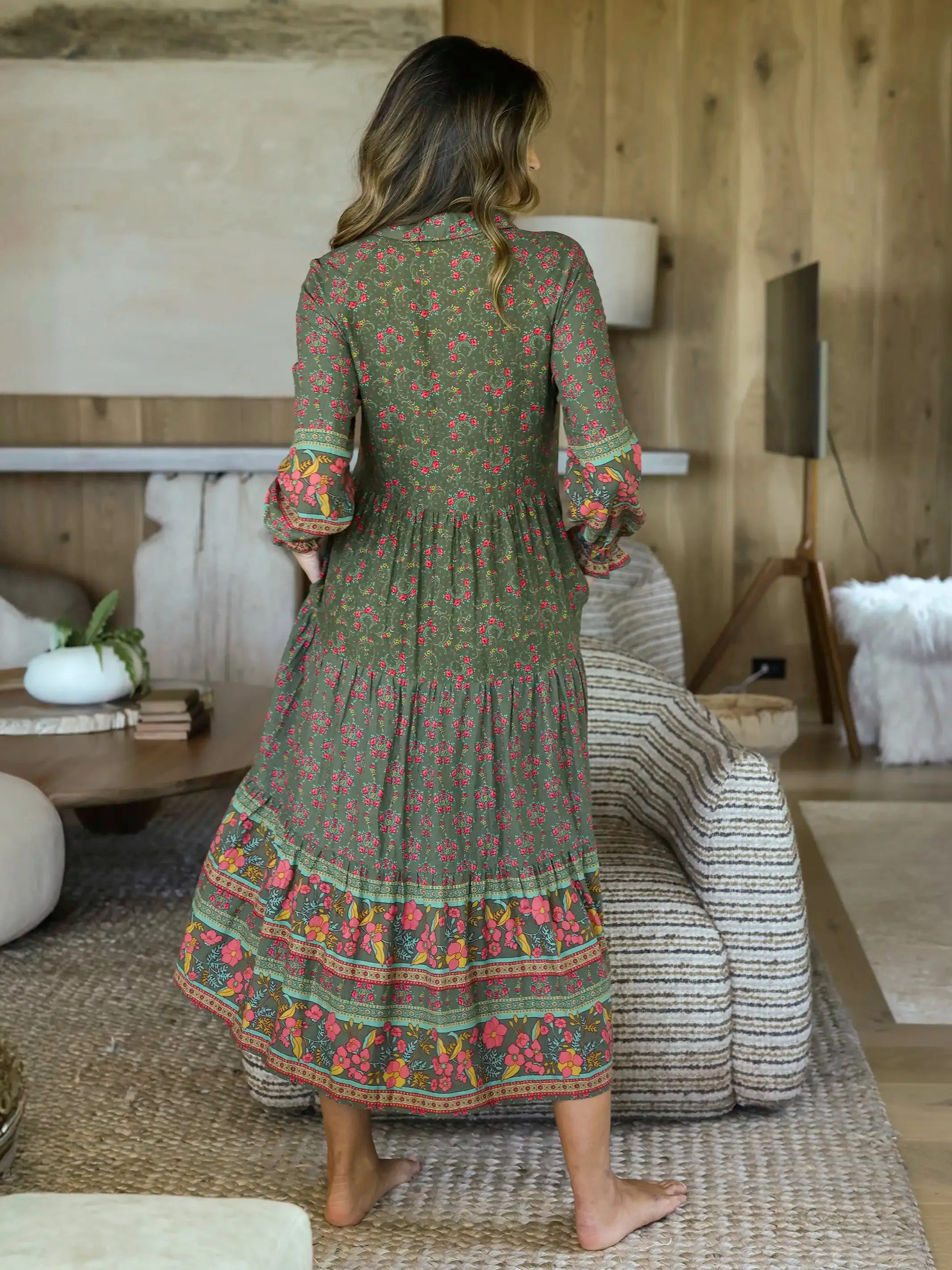 Rebecca Long Sleeve Midi Dress - Filigree Border Olive sold by NATURAL LIFE product image thumbnail 3