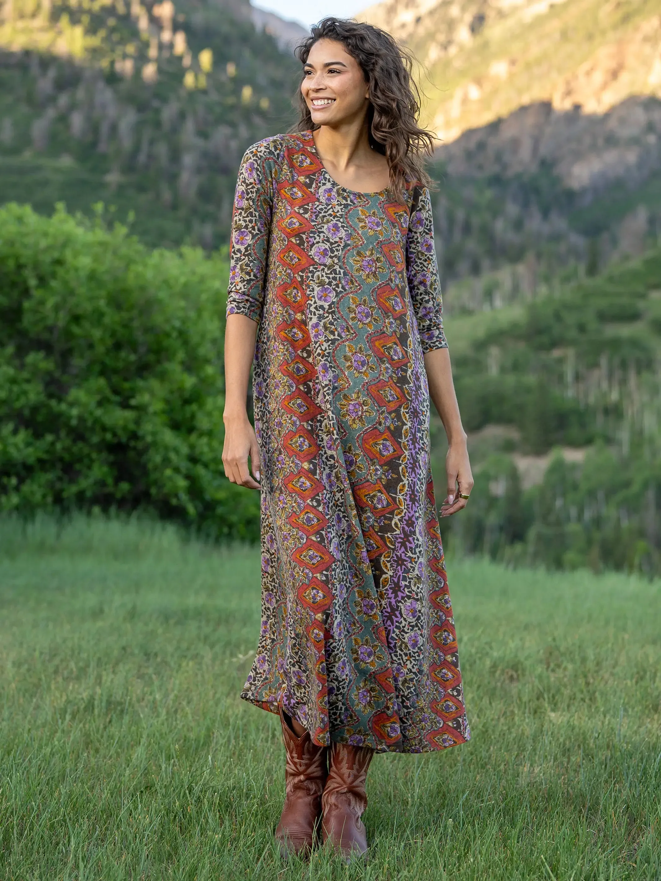 Lottie Sweater Knit Maxi Dress - Brown Tuscany Border sold by NATURAL LIFE
