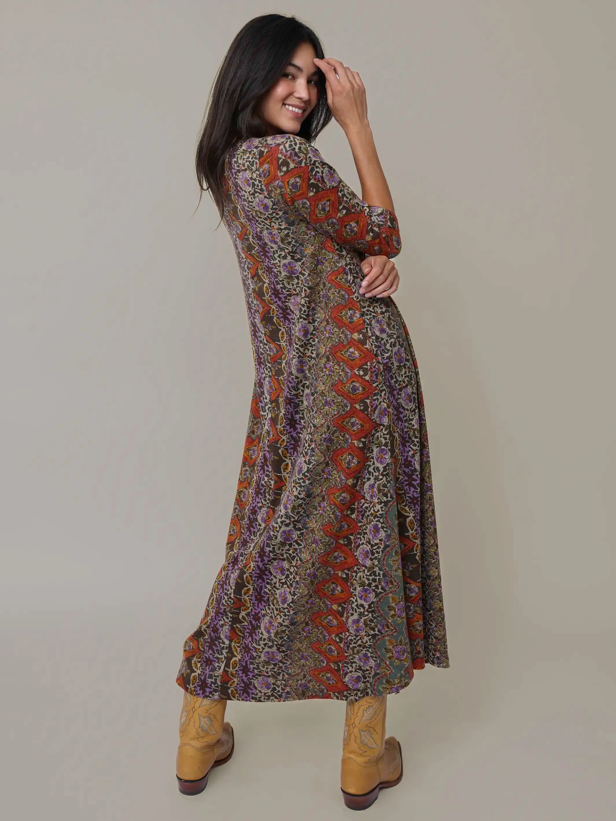 Lottie Sweater Knit Maxi Dress - Brown Tuscany Border sold by NATURAL LIFE product image thumbnail 4