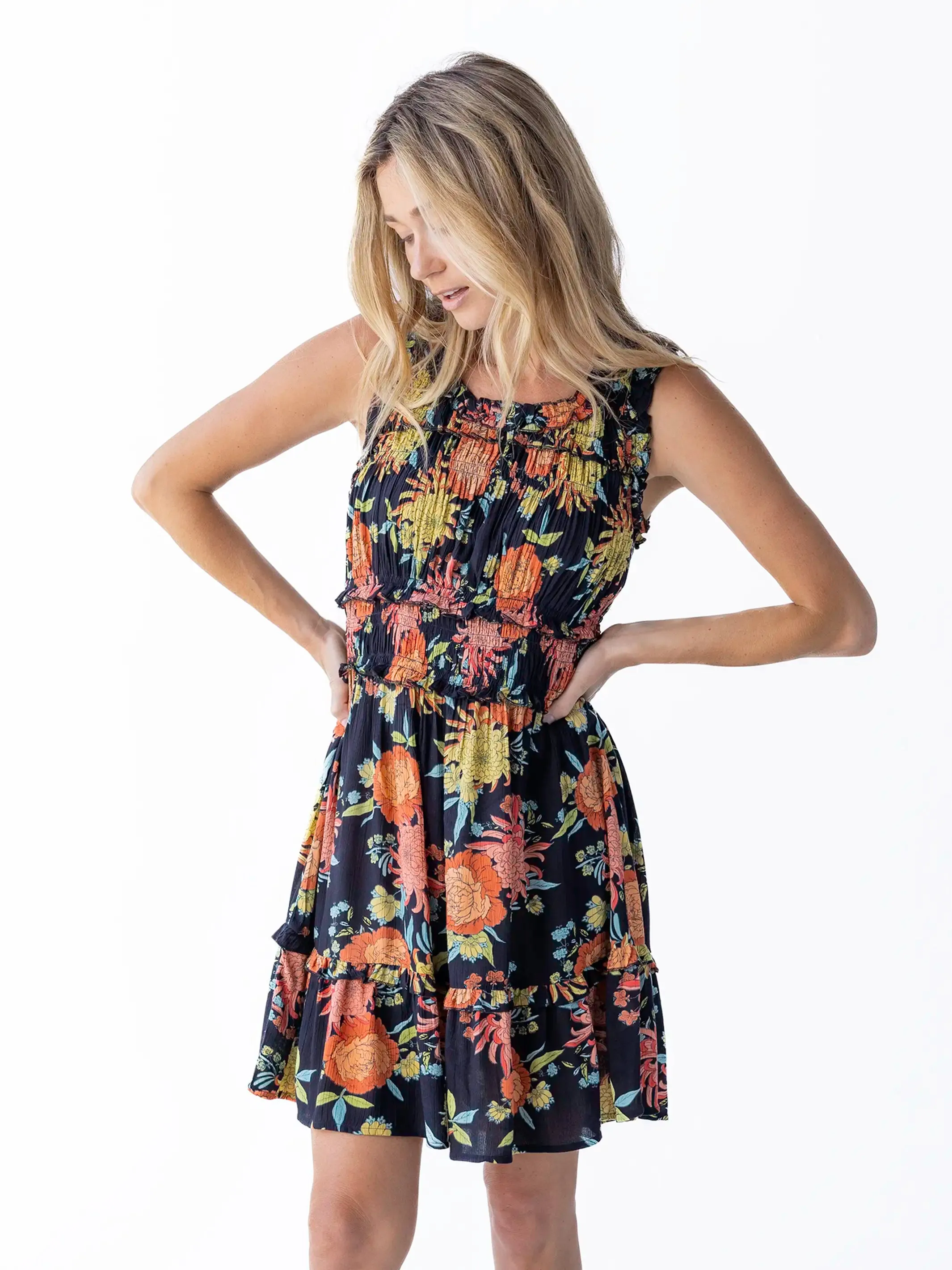 Elsie Ruffle Mini Dress - Black Marigold Floral sold by NATURAL LIFE