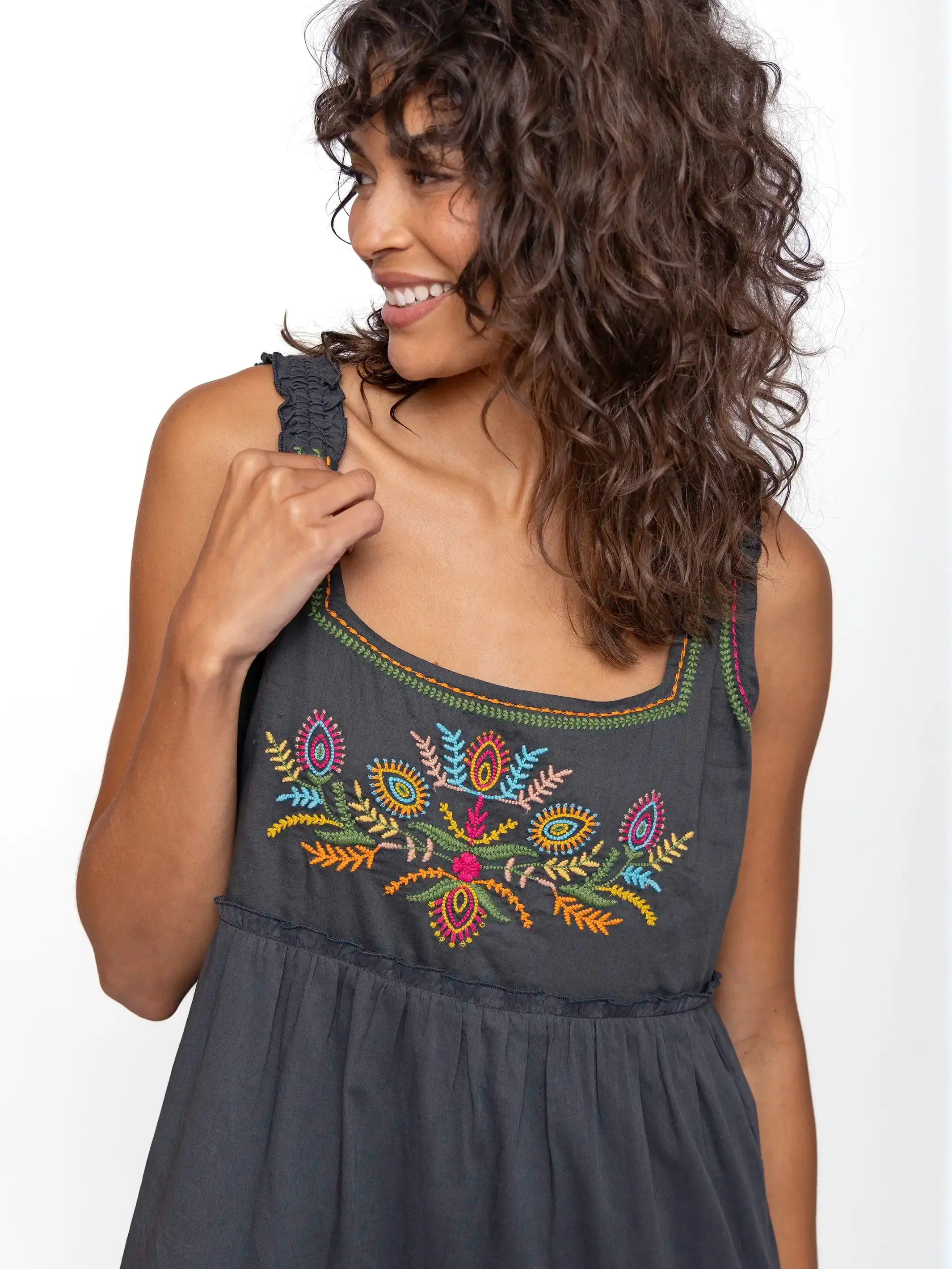 Adele Embroidered Cotton Midi Dress - Charcoal sold by NATURAL LIFE product image thumbnail 2