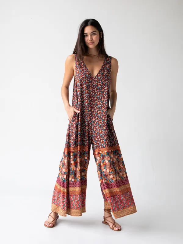 Let's Just Go Wide-Leg Jumpsuit - Tan Border Print sold by NATURAL LIFE
