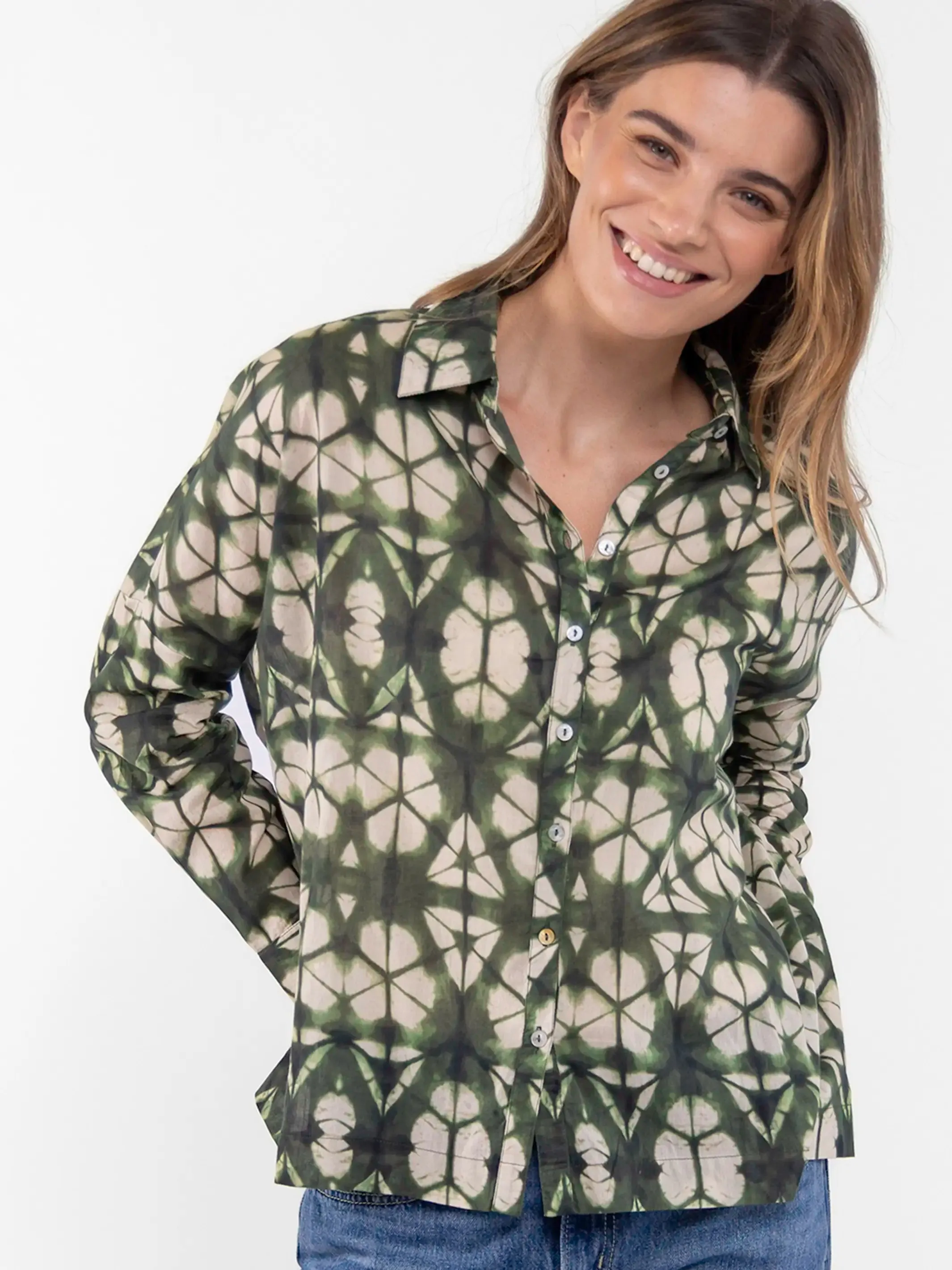Lara Button Down - Olive Shibori Tie-Dye sold by NATURAL LIFE product image thumbnail 3