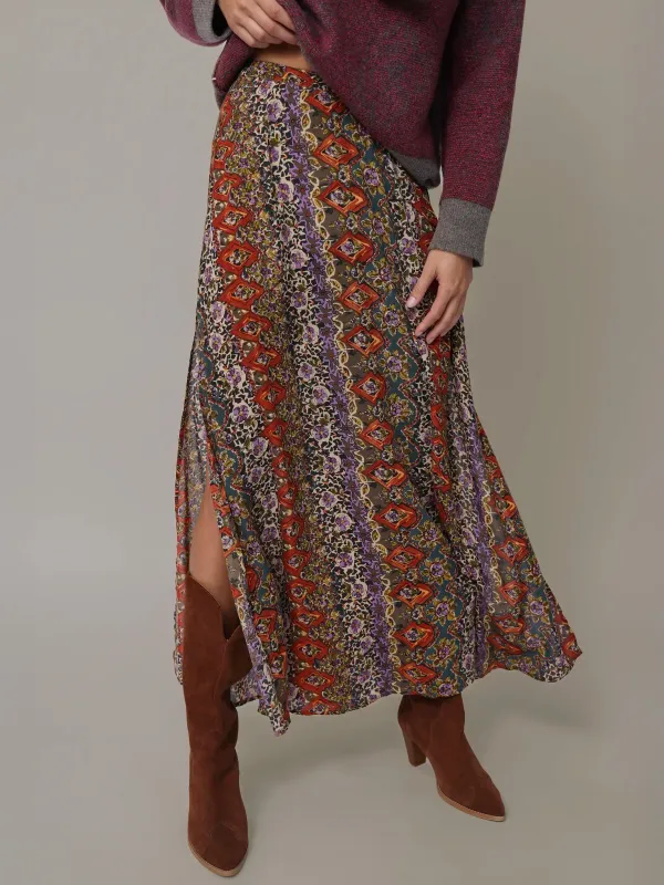 Ginger Side Slit Maxi Skirt - Brown Tuscany Border sold by NATURAL LIFE
