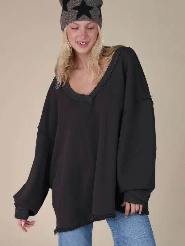Kick Back Cotton V-Neck Pullover Sweatshirt - Charcoal sold by NATURAL LIFE