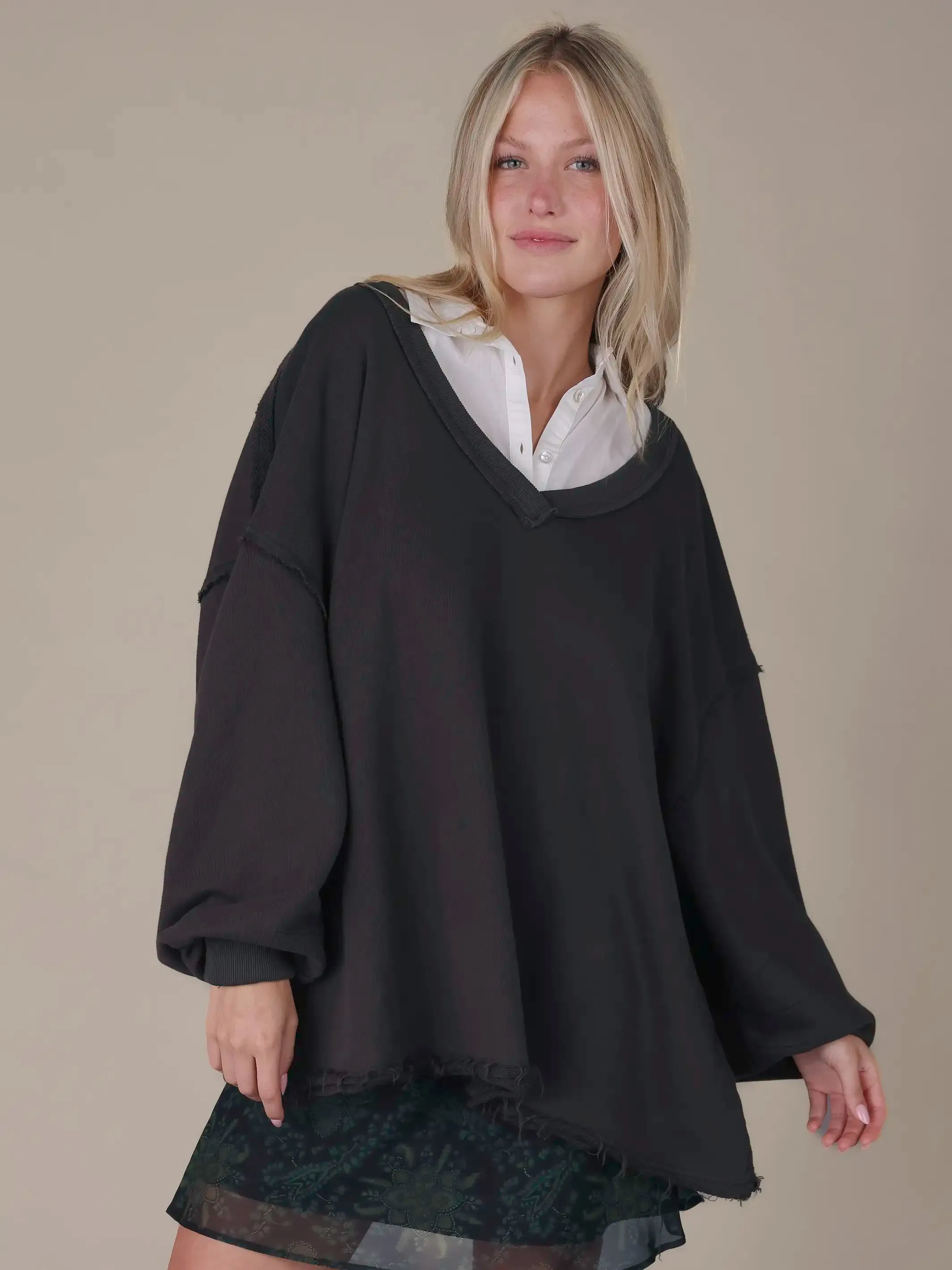 Kick Back Cotton V-Neck Pullover Sweatshirt - Charcoal sold by NATURAL LIFE product image thumbnail 3