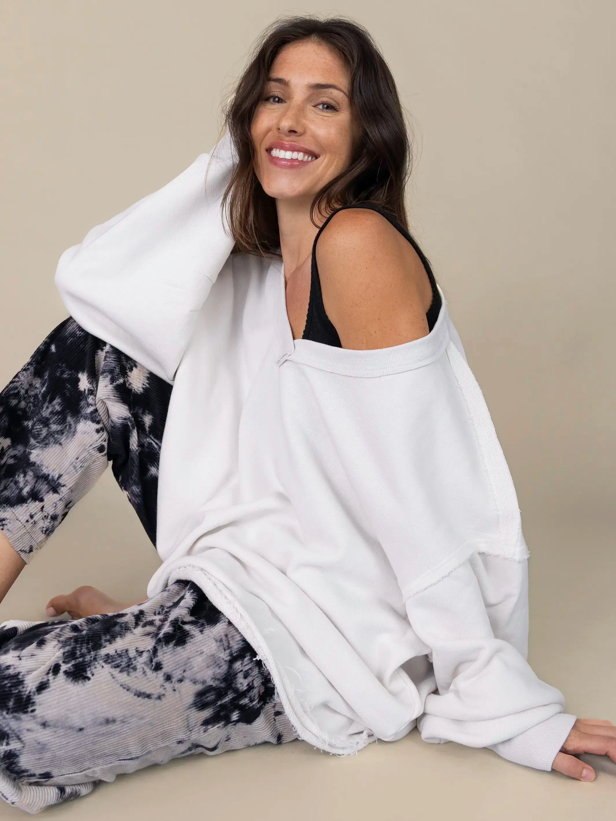 Kick Back Cotton V-Neck Pullover Sweatshirt - Cream sold by NATURAL LIFE product image thumbnail 3