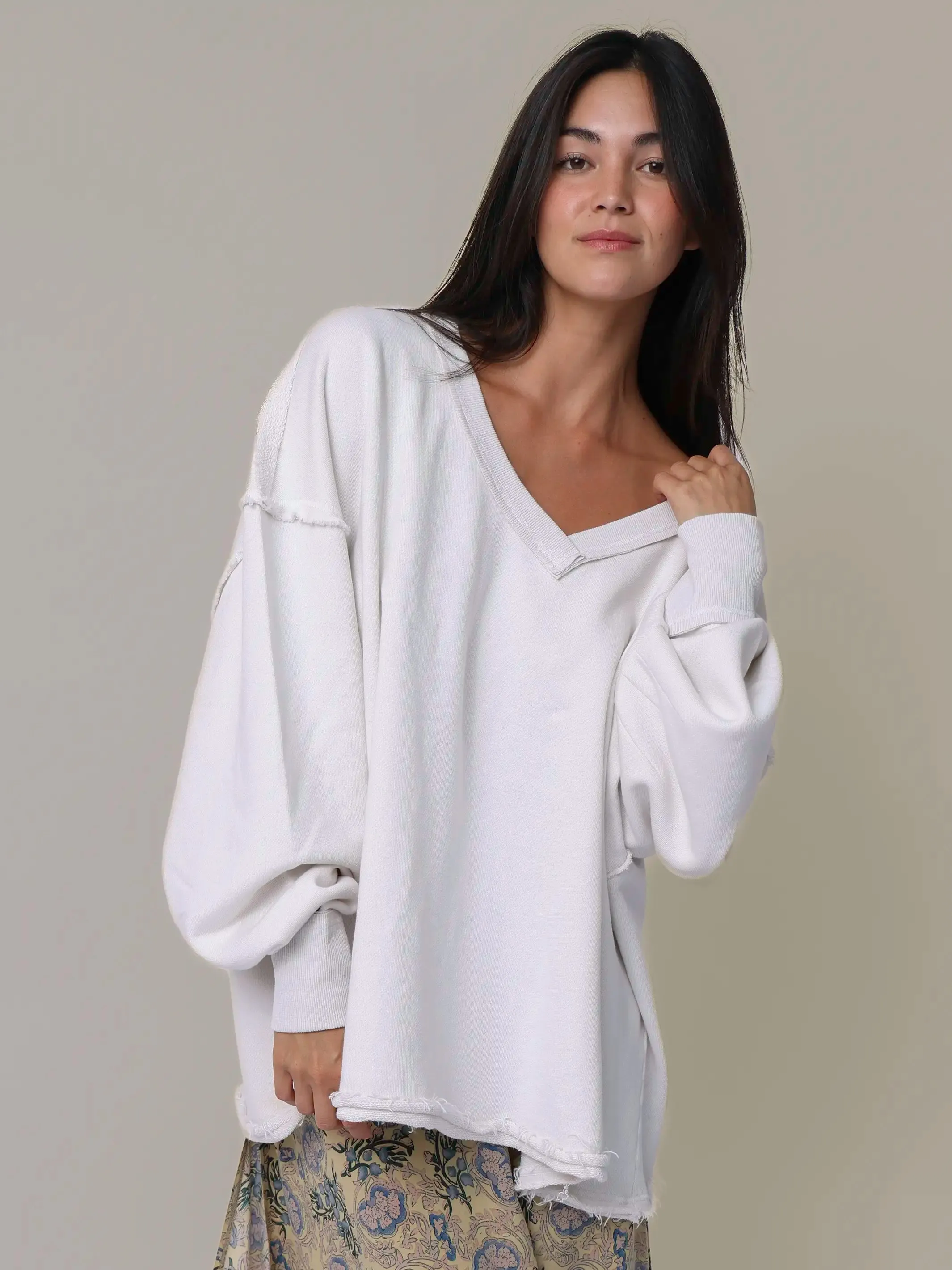 Kick Back Cotton V-Neck Pullover Sweatshirt - Cream sold by NATURAL LIFE