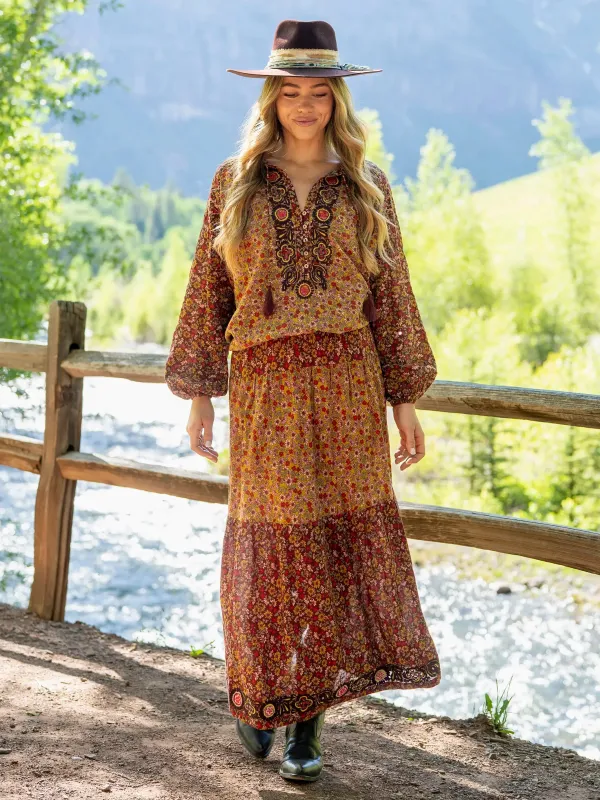 Camille Embroidered Maxi Skirt - Stemmed Daisies Wine sold by NATURAL LIFE