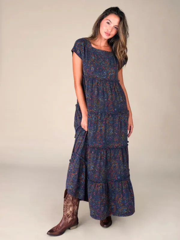 Berkley Knit Maxi Dress - Retro Paisley Navy made by NATURAL LIFE