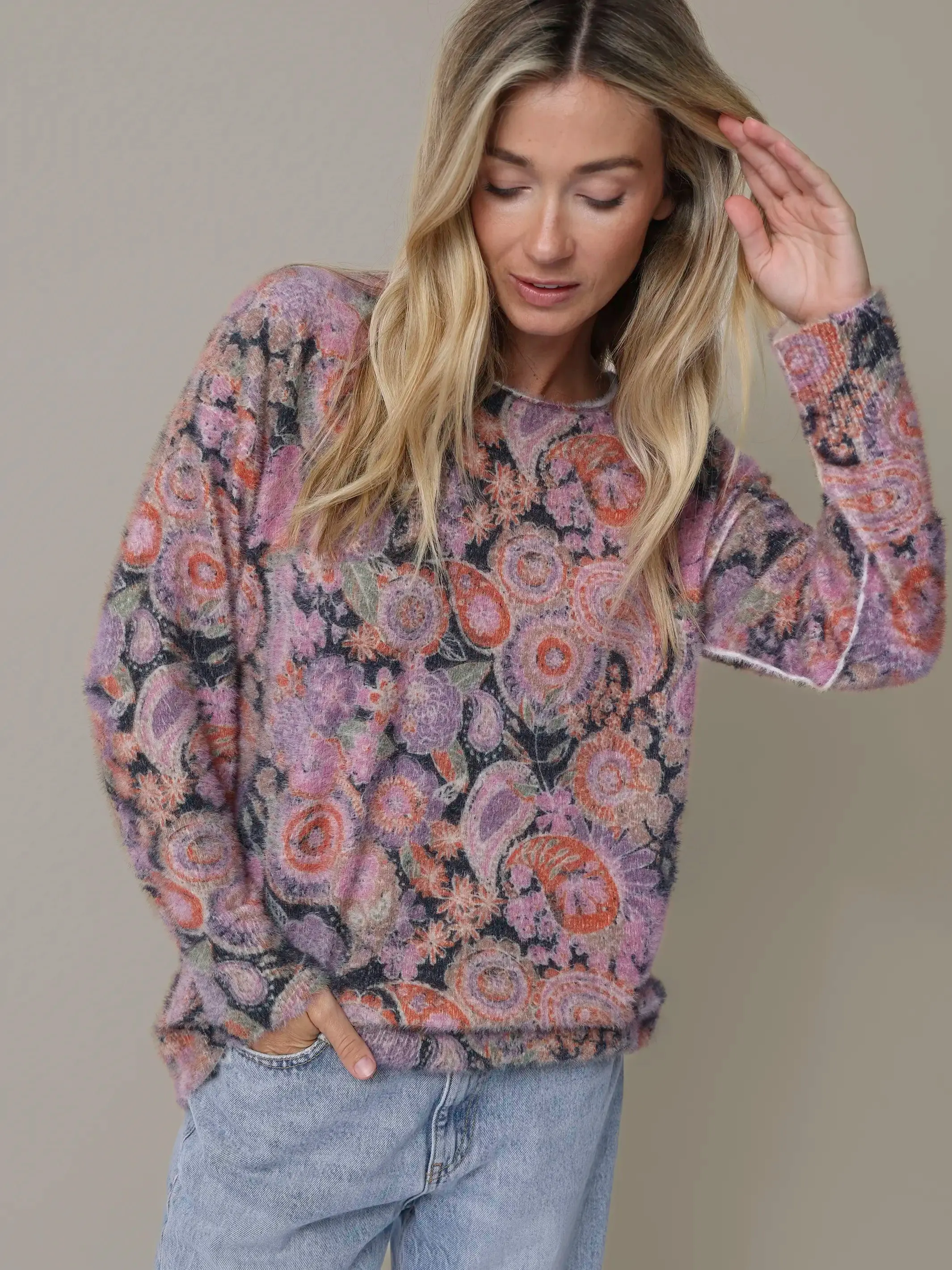 Cashmere-like Pullover Sweater - Black Sketched Paisley sold by NATURAL LIFE product image thumbnail 3