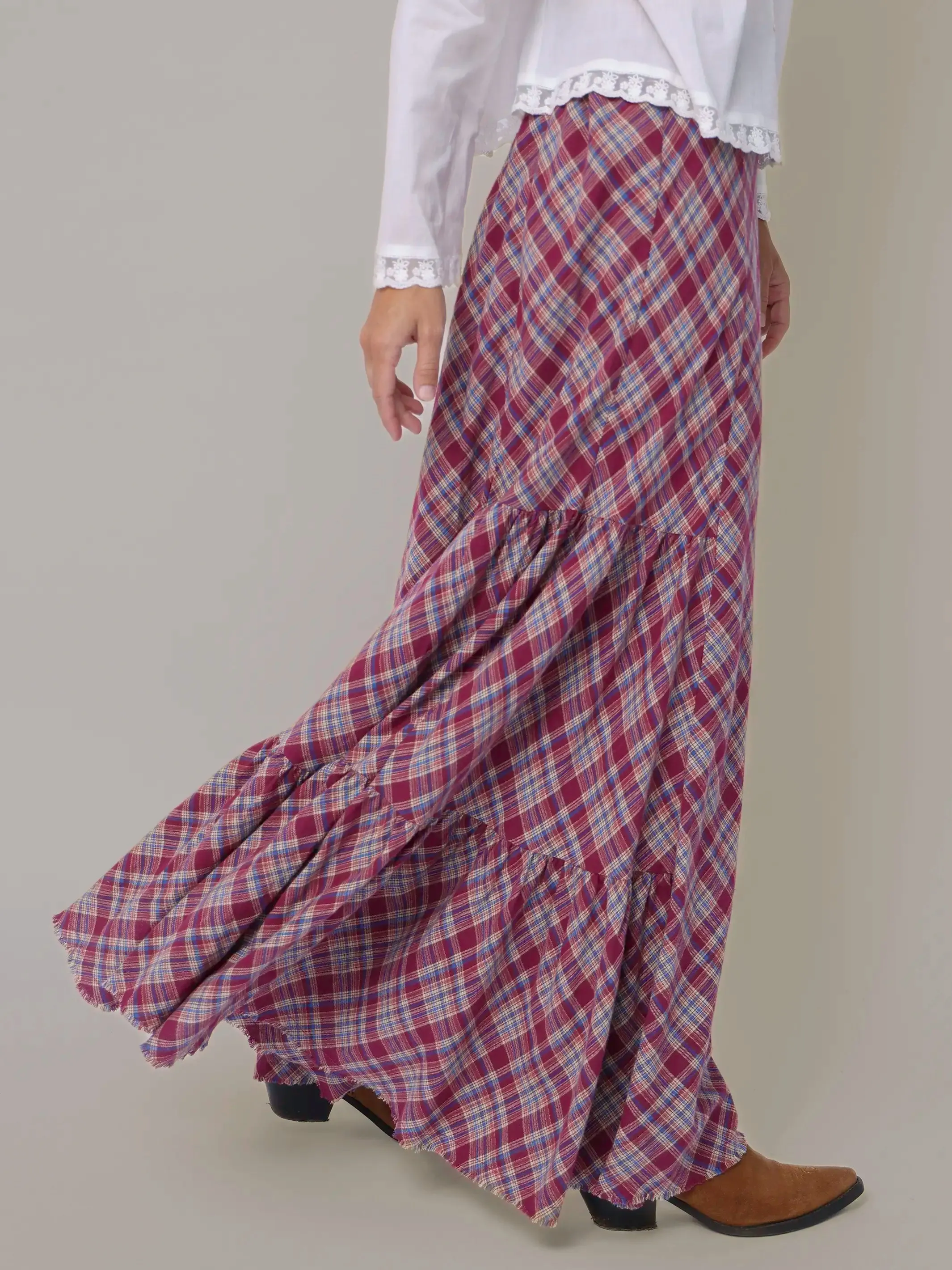 Dolly Cotton Flannel Maxi Skirt - Cranberry Blue Plaid sold by NATURAL LIFE product image thumbnail 2