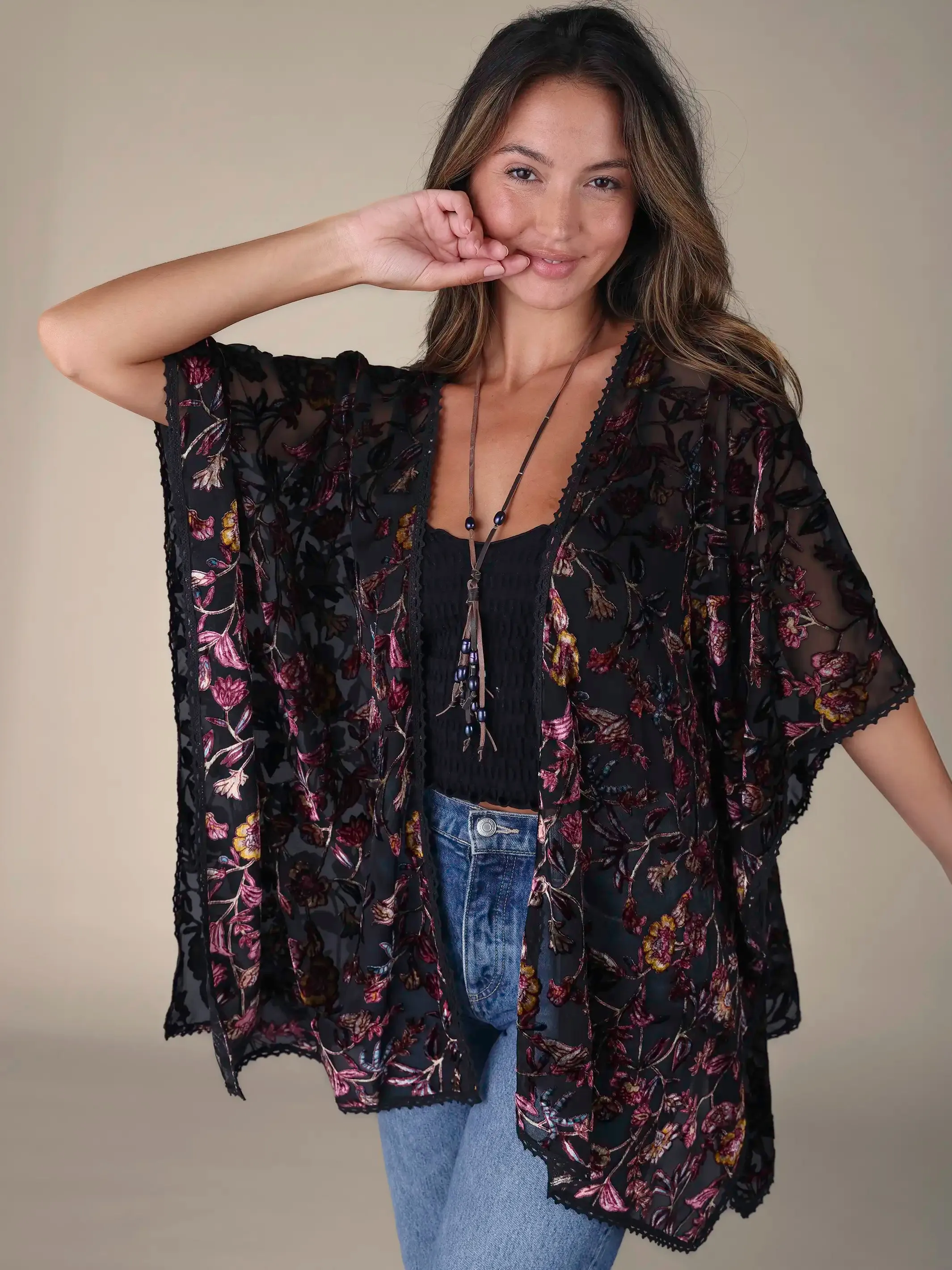 Velvet Burnout Kimono - Black Rose Branches sold by NATURAL LIFE product image thumbnail 2