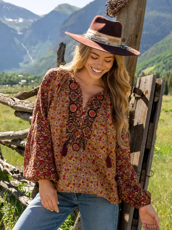 Camille Embroidered Top - Stemmed Daisies Wine sold by NATURAL LIFE