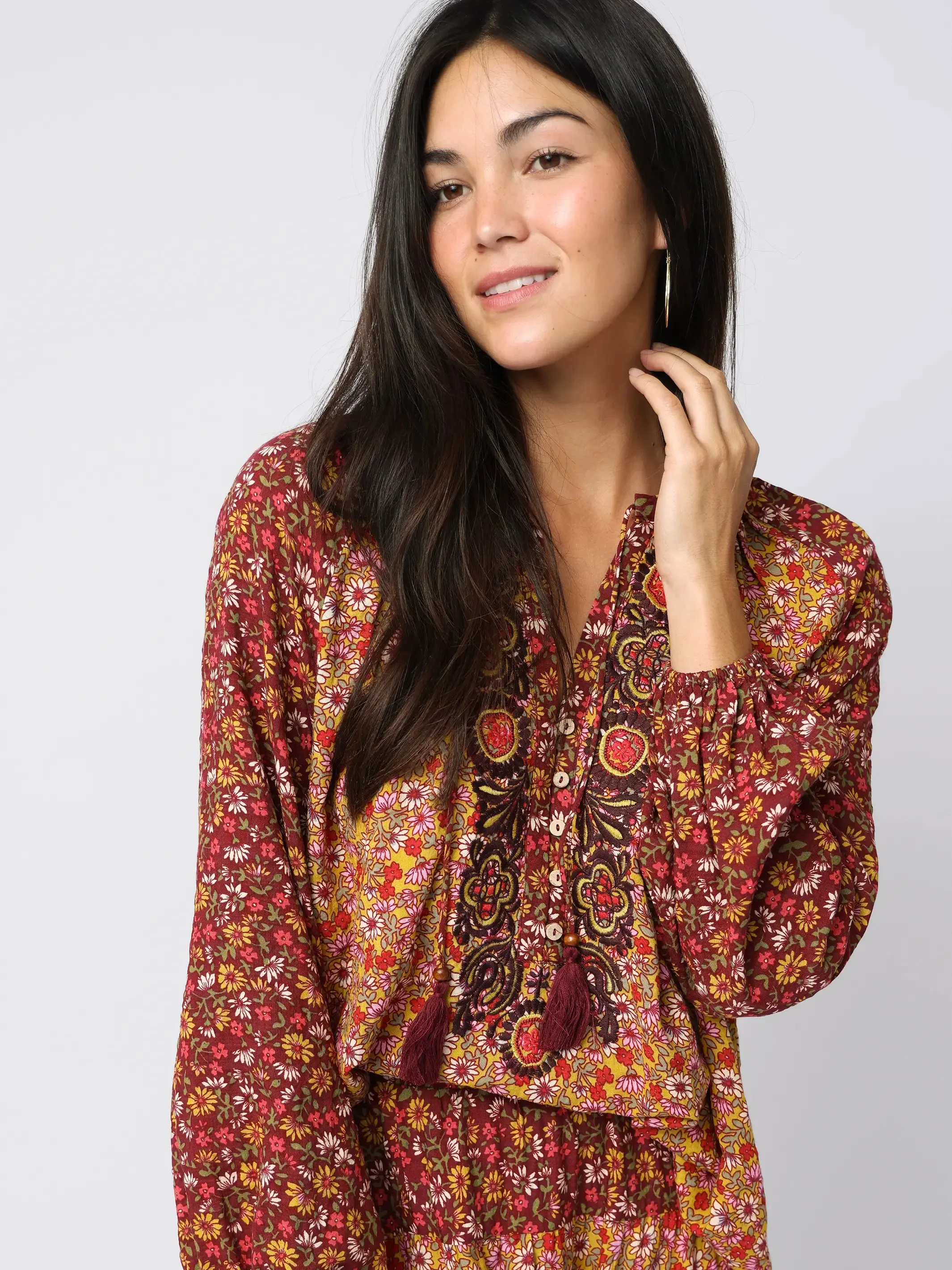 Camille Embroidered Top - Stemmed Daisies Wine sold by NATURAL LIFE product image thumbnail 3