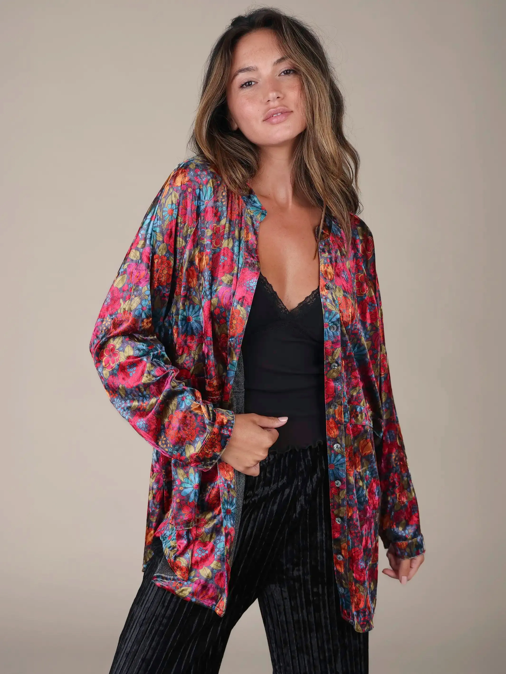 Laid Back Velvet Button Down - Drawn Garden Charcoal sold by NATURAL LIFE product image thumbnail 2