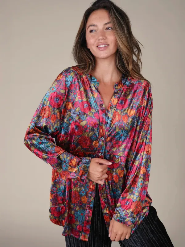 Laid Back Velvet Button Down - Drawn Garden Charcoal sold by NATURAL LIFE