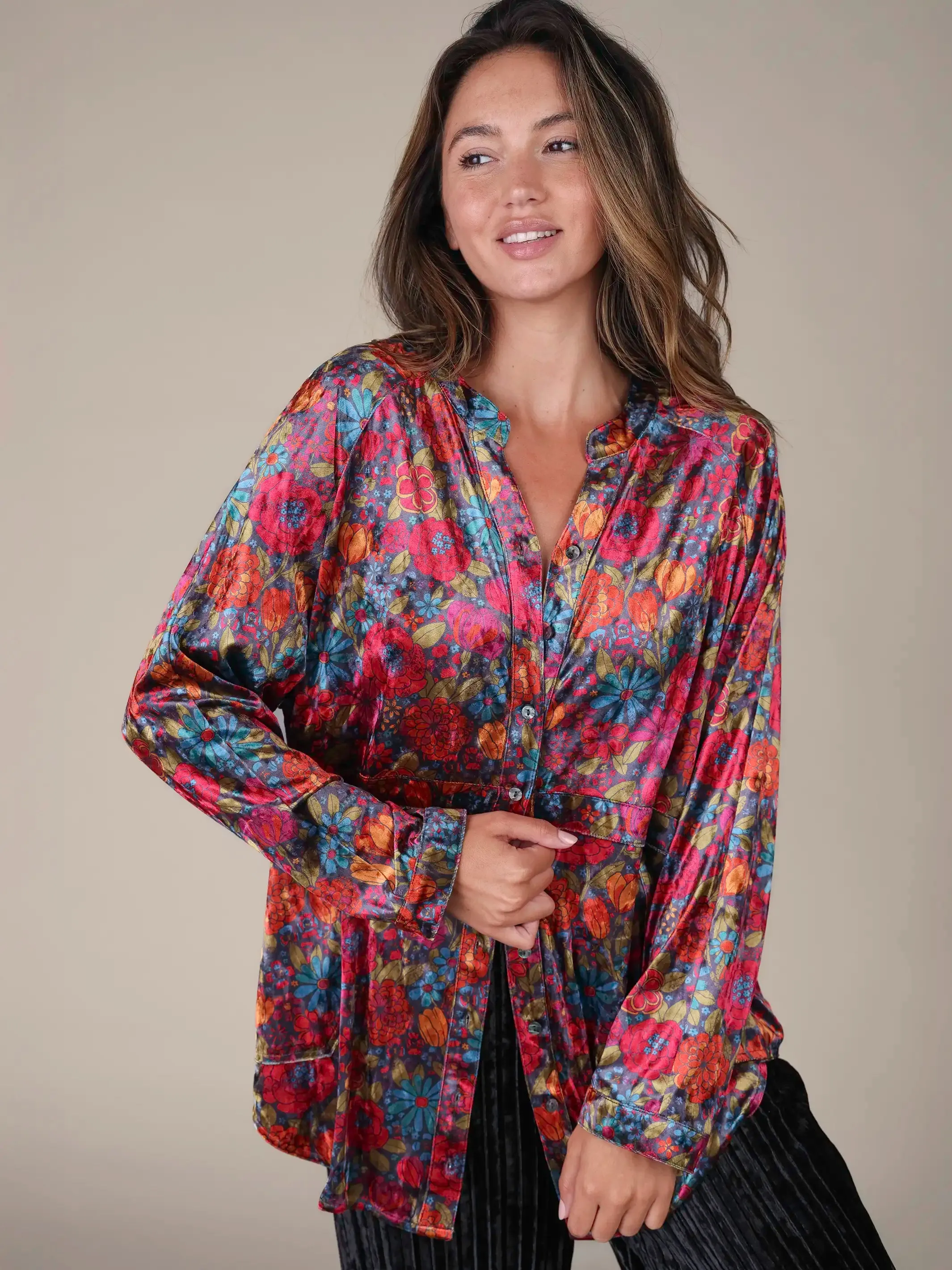 Laid Back Velvet Button Down - Drawn Garden Charcoal sold by NATURAL LIFE