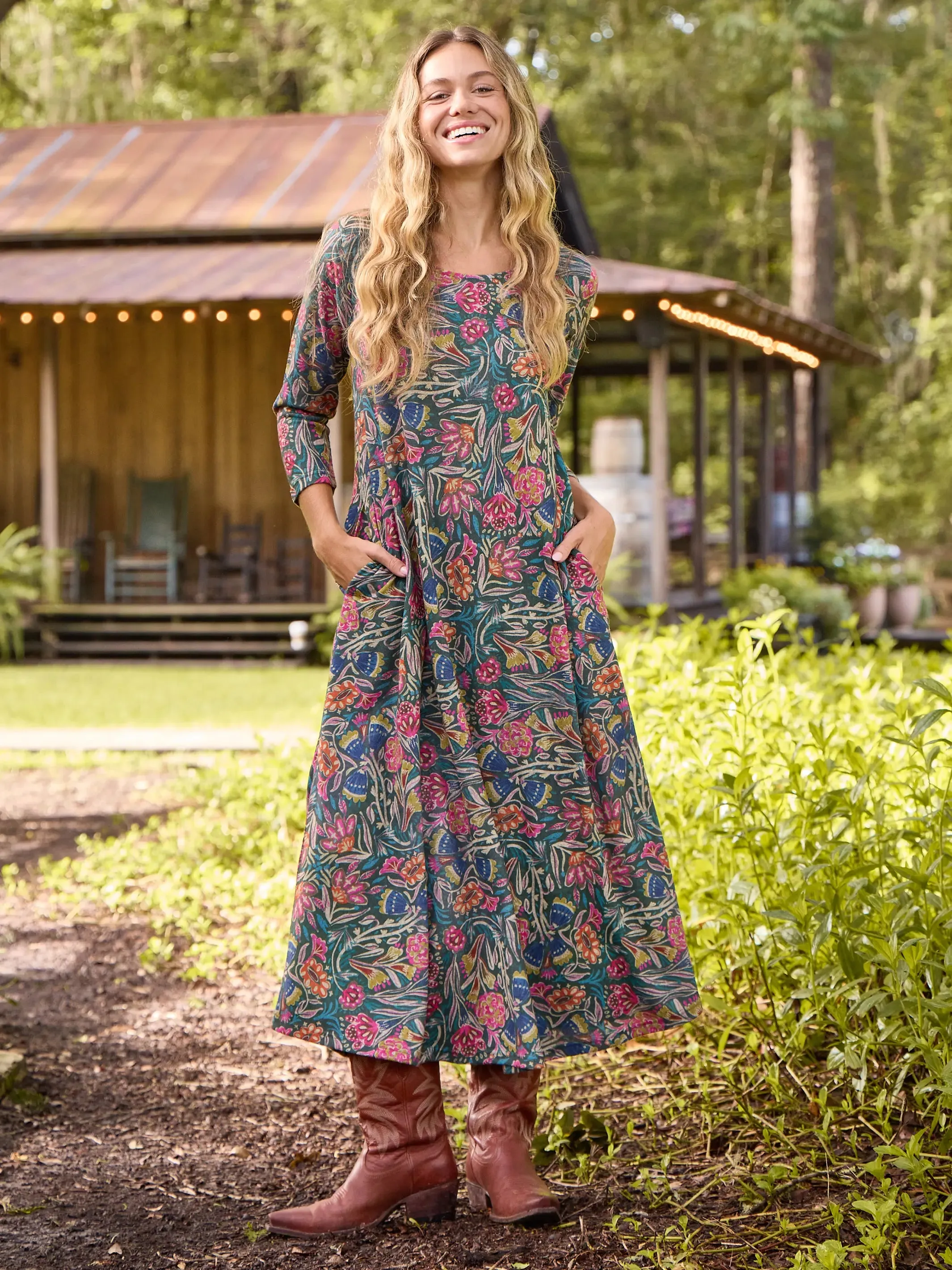 Lottie Sweater Knit Maxi Dress - Green Painterly Vines sold by NATURAL LIFE