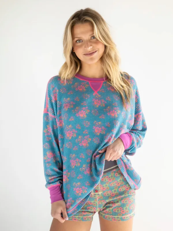 Mix & Match Waffle Pajama Top - Turquoise Floral Bouquets sold by NATURAL LIFE