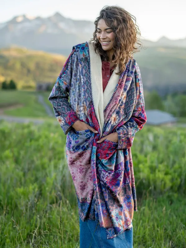 Cozy Blanket Kimono - Blue Patchwork Long Length sold by NATURAL LIFE