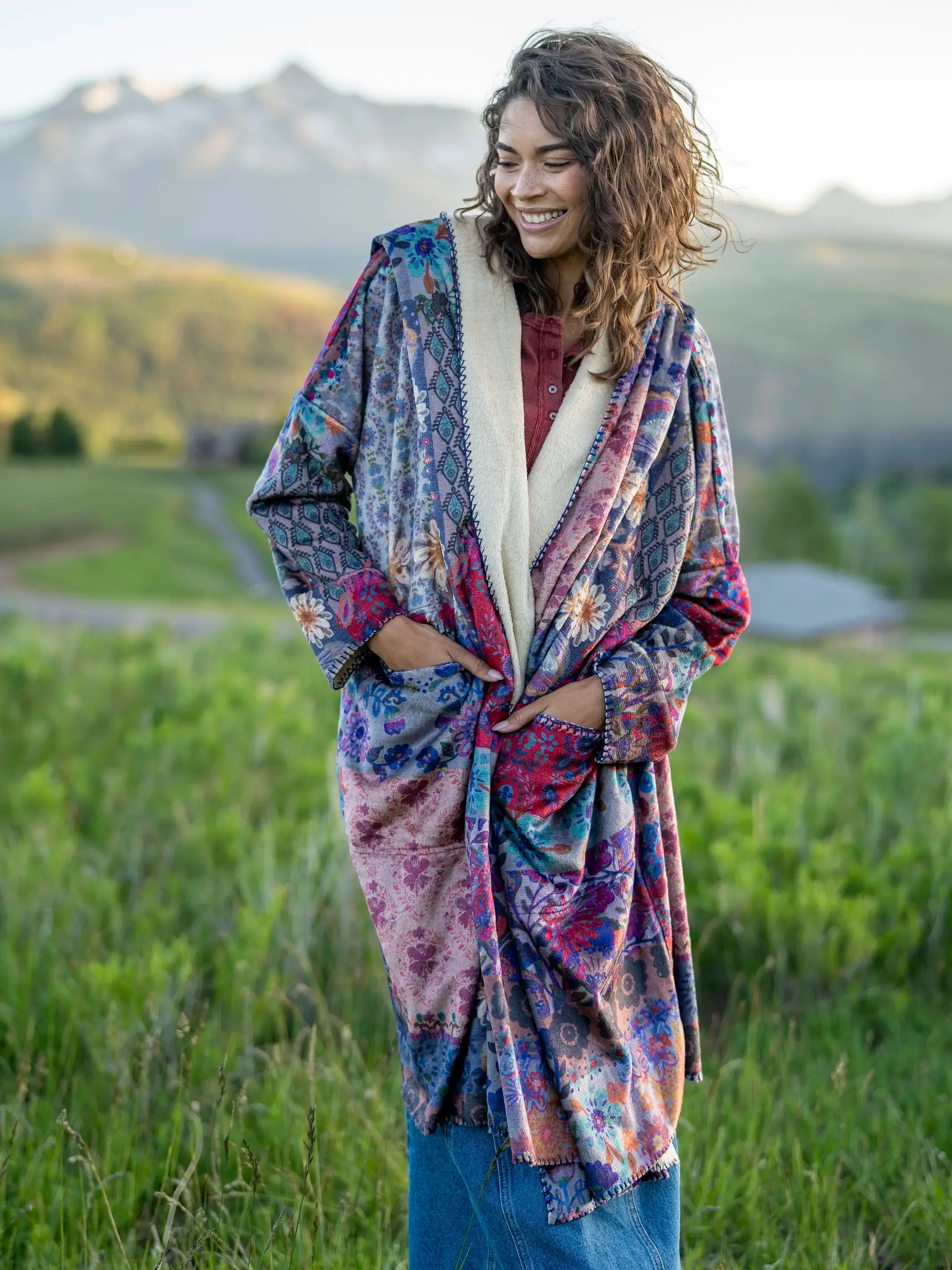 Cozy Blanket Kimono - Blue Patchwork Long Length sold by NATURAL LIFE