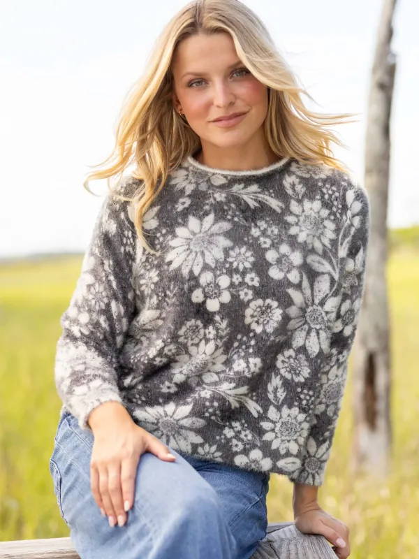 Cashmere-Like Mock Neck Sweater - Stamped Flora Charcoal sold by NATURAL LIFE