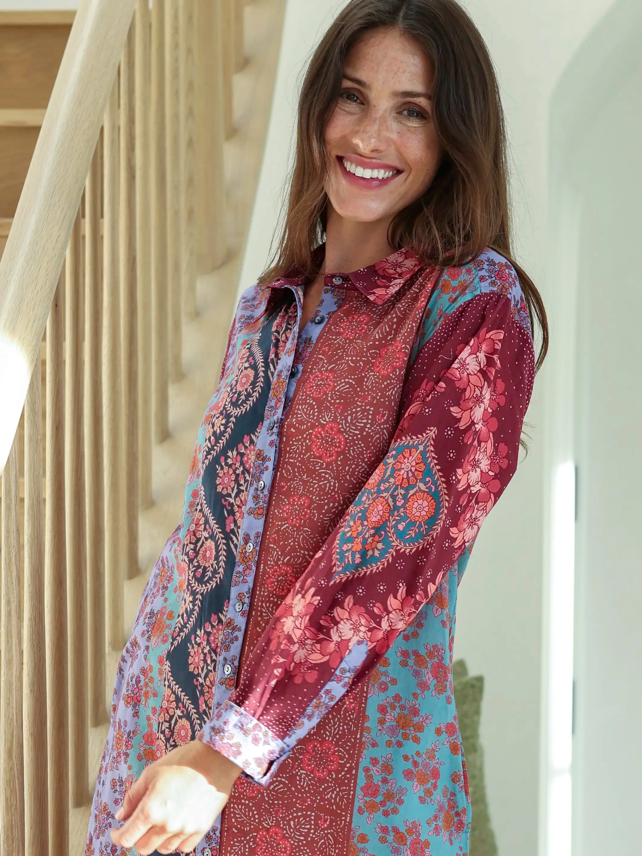 Drew Cotton Gauze Shirt Dress - Red Patchwork sold by NATURAL LIFE product image thumbnail 2