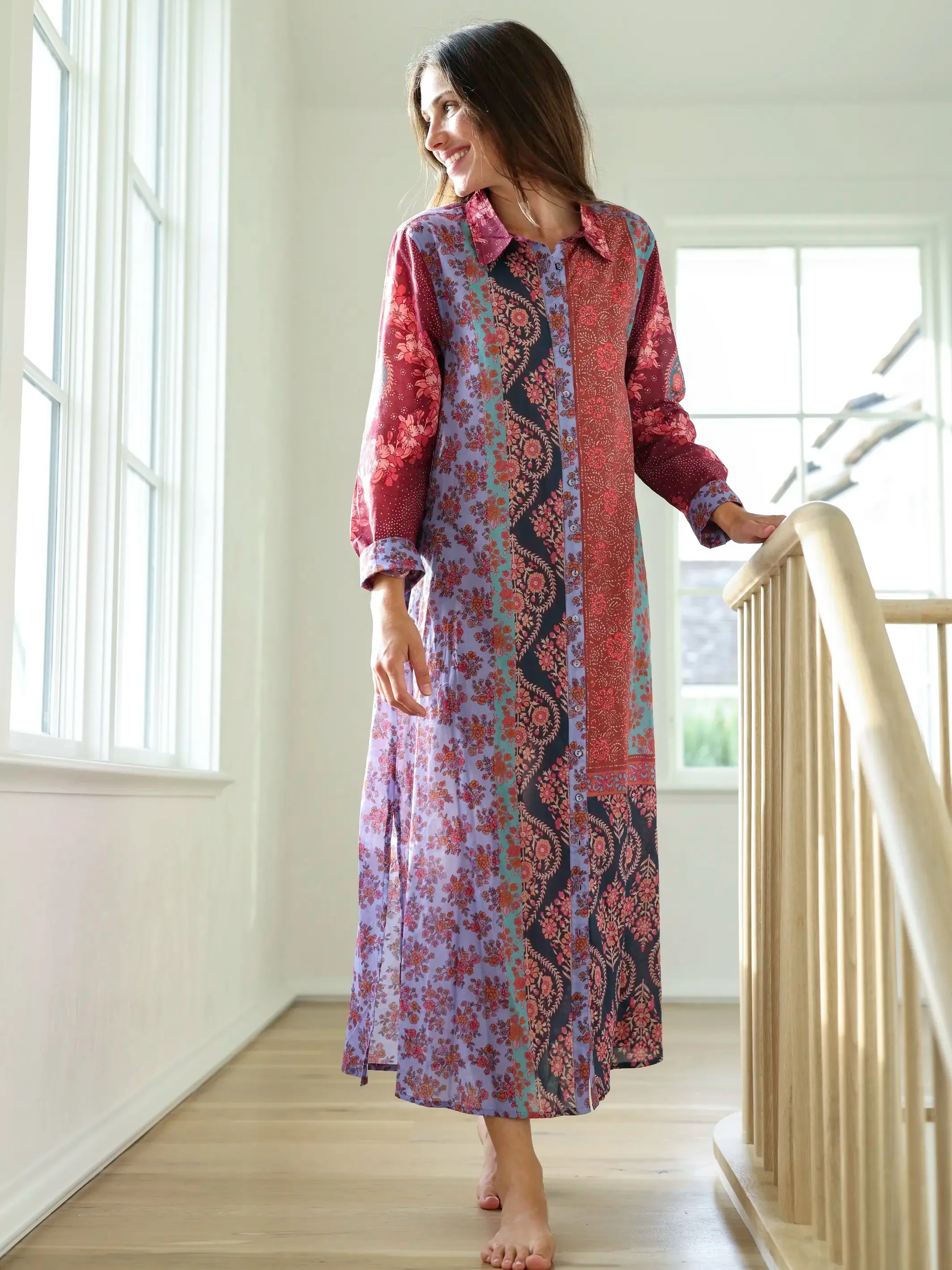 Drew Cotton Gauze Shirt Dress - Red Patchwork sold by NATURAL LIFE product image thumbnail 4