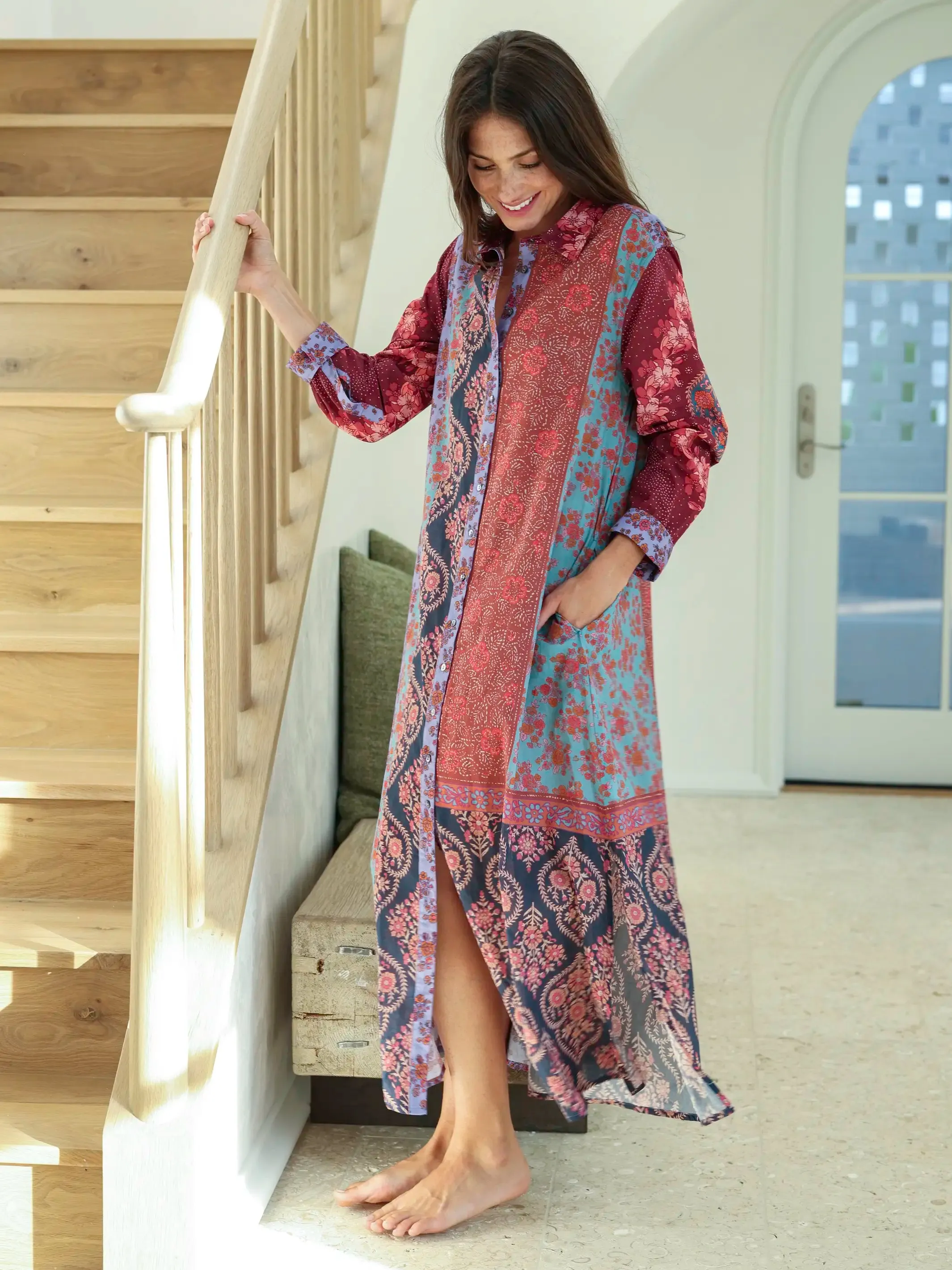 Drew Cotton Gauze Shirt Dress - Red Patchwork sold by NATURAL LIFE