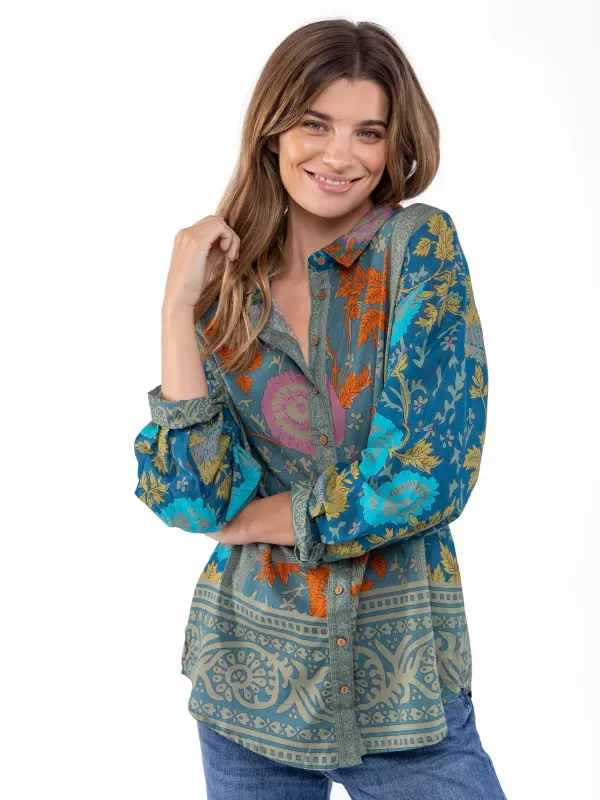 Barcelona Cotton Button Down - Teal Botanica sold by NATURAL LIFE
