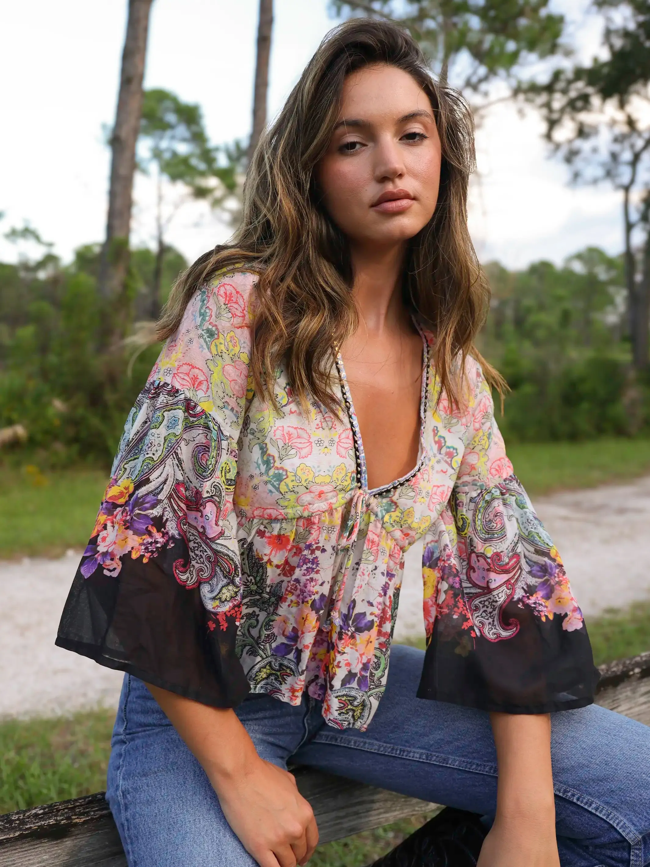 Isabella Cotton Top - Black Multicolored Paisley sold by NATURAL LIFE