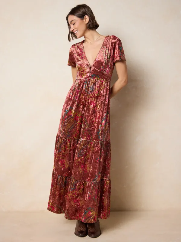 Evangeline Velvet Maxi Dress - Brown Stippled Paisley sold by NATURAL LIFE