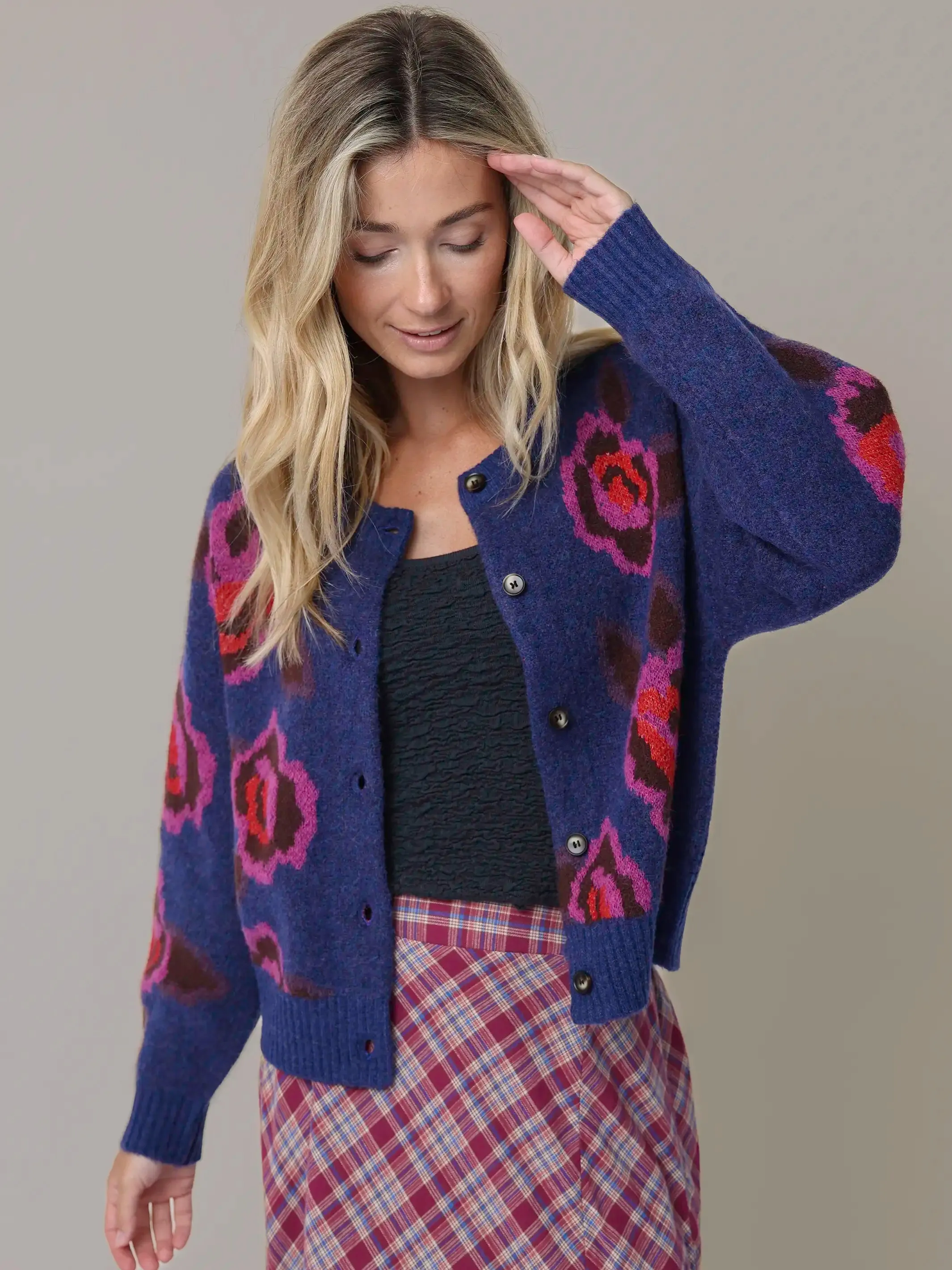 Jacquard Button Front Cardigan Sweater - Blue Rose sold by NATURAL LIFE product image thumbnail 2