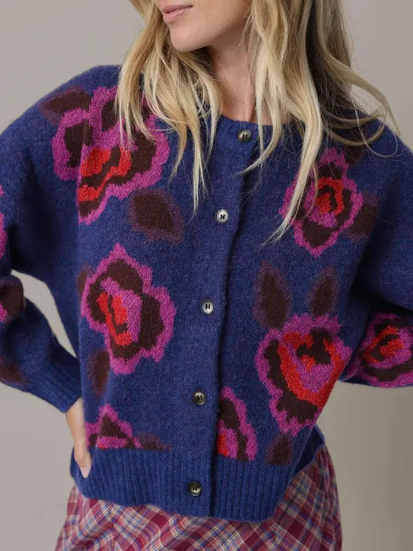 Jacquard Button Front Cardigan Sweater - Blue Rose sold by NATURAL LIFE